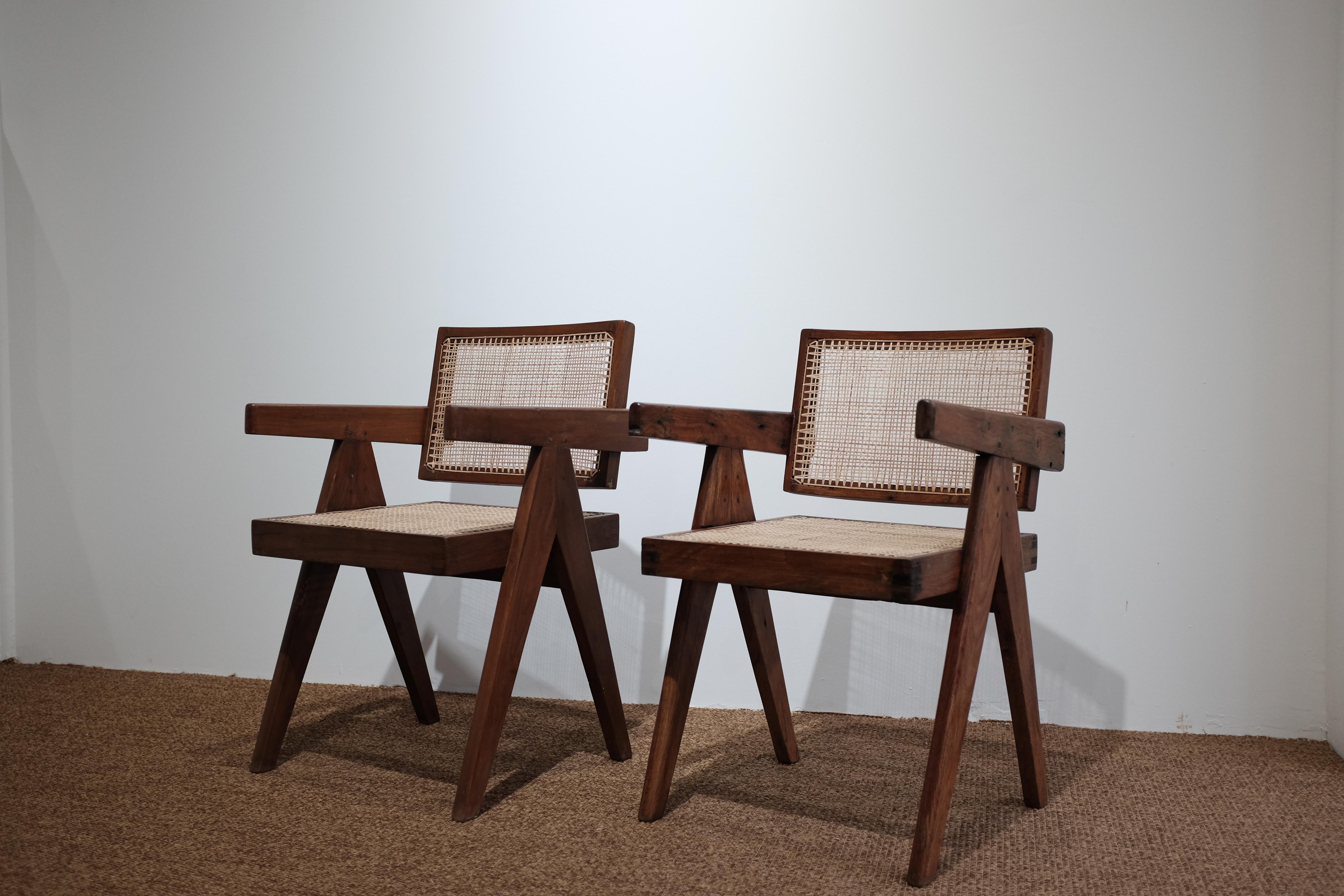 Pierre Jeanneret (1896–1967) 

Piece of Pierre Jeanneret “Office cane chair”

Chair structure with teak, seat, and back in cane.

Model designed for various administrative buildings in the city of Chandigarh, India, circa 1955.

Measures: