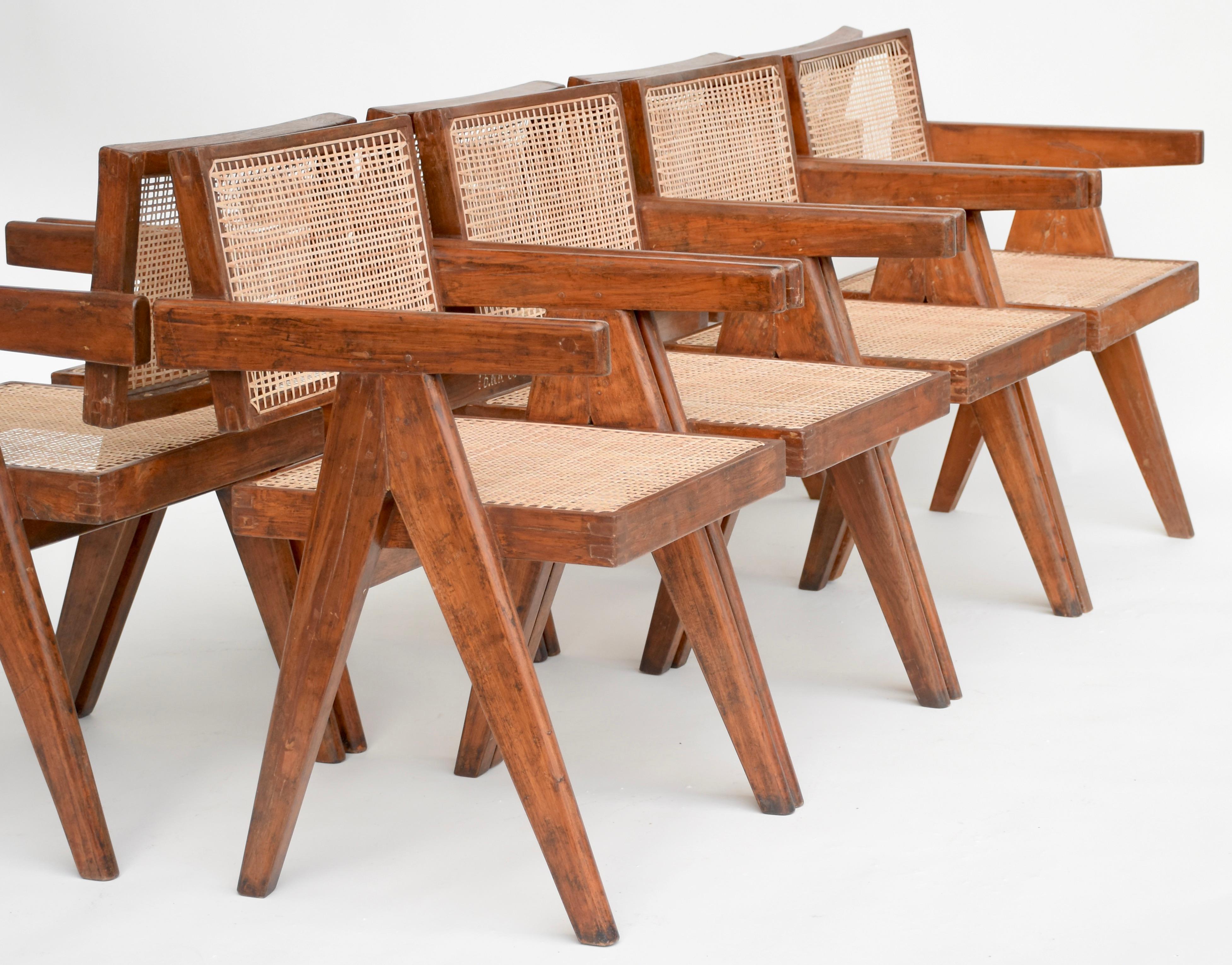 Teak Pierre Jeanneret Set of 8 Office Cane Chairs Ca. 1955-1960 from Chandigarh For Sale