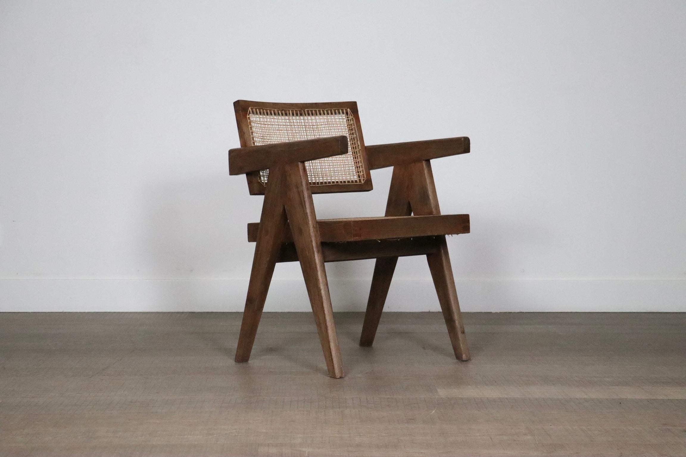 Pierre Jeanneret “Office Cane Chair” created in the 1950s for the city of Chandigarh in India, the utopian city designed by his cousin Le Corbusier.
This iconic chair, is made of solid teak with seat and backrest in braided canework. Tilted backrest