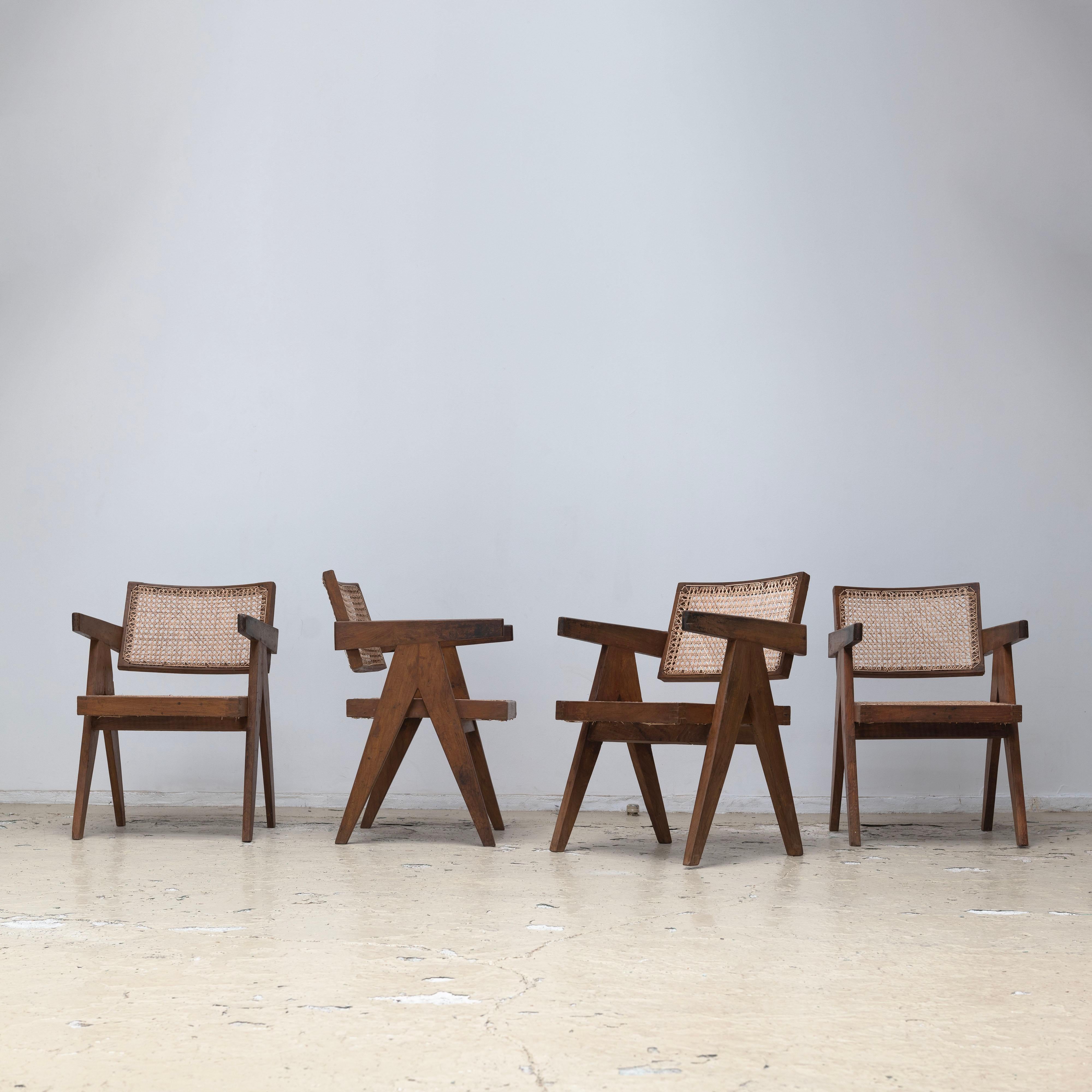 Pierre Jeanneret , Office Chair for Chandigarh, Teak , 1950s , Set of 4 In Good Condition For Sale In Edogawa-ku Tokyo, JP