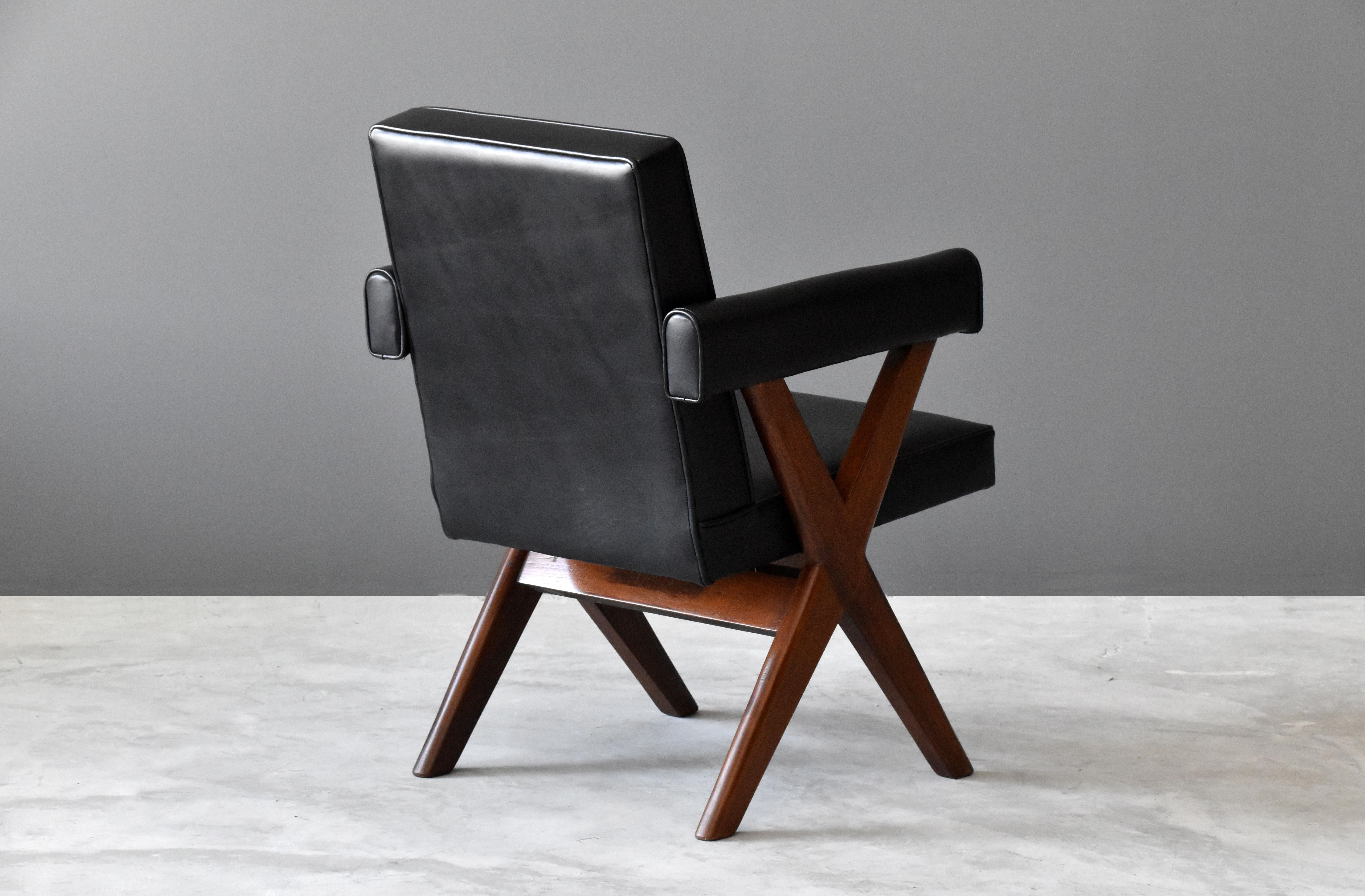 Mid-Century Modern Pierre Jeanneret, Office Chair, Teak and Black Leather, Chandigarh, 1960