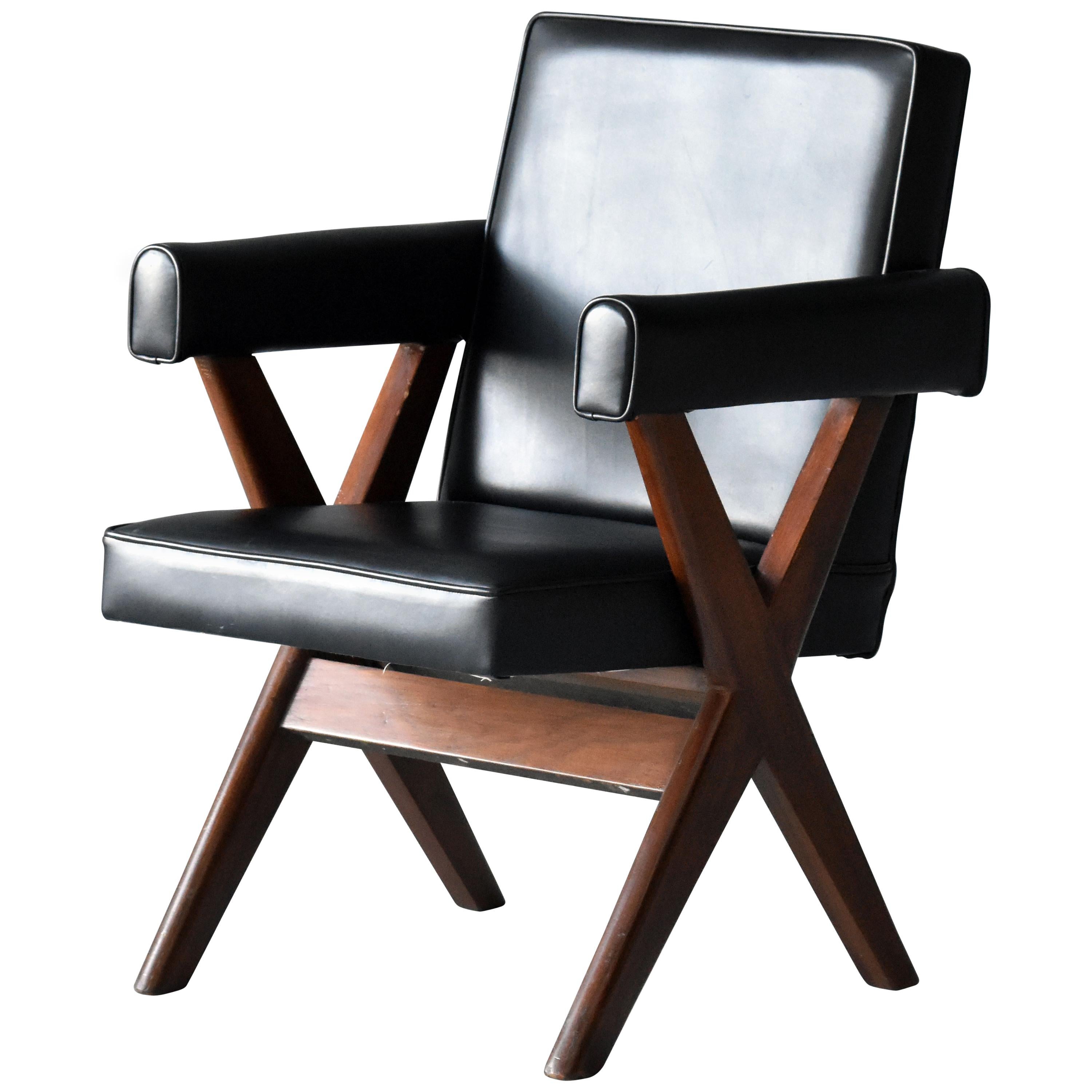 Pierre Jeanneret, Office Chair, Teak and Black Leather, Chandigarh, 1960