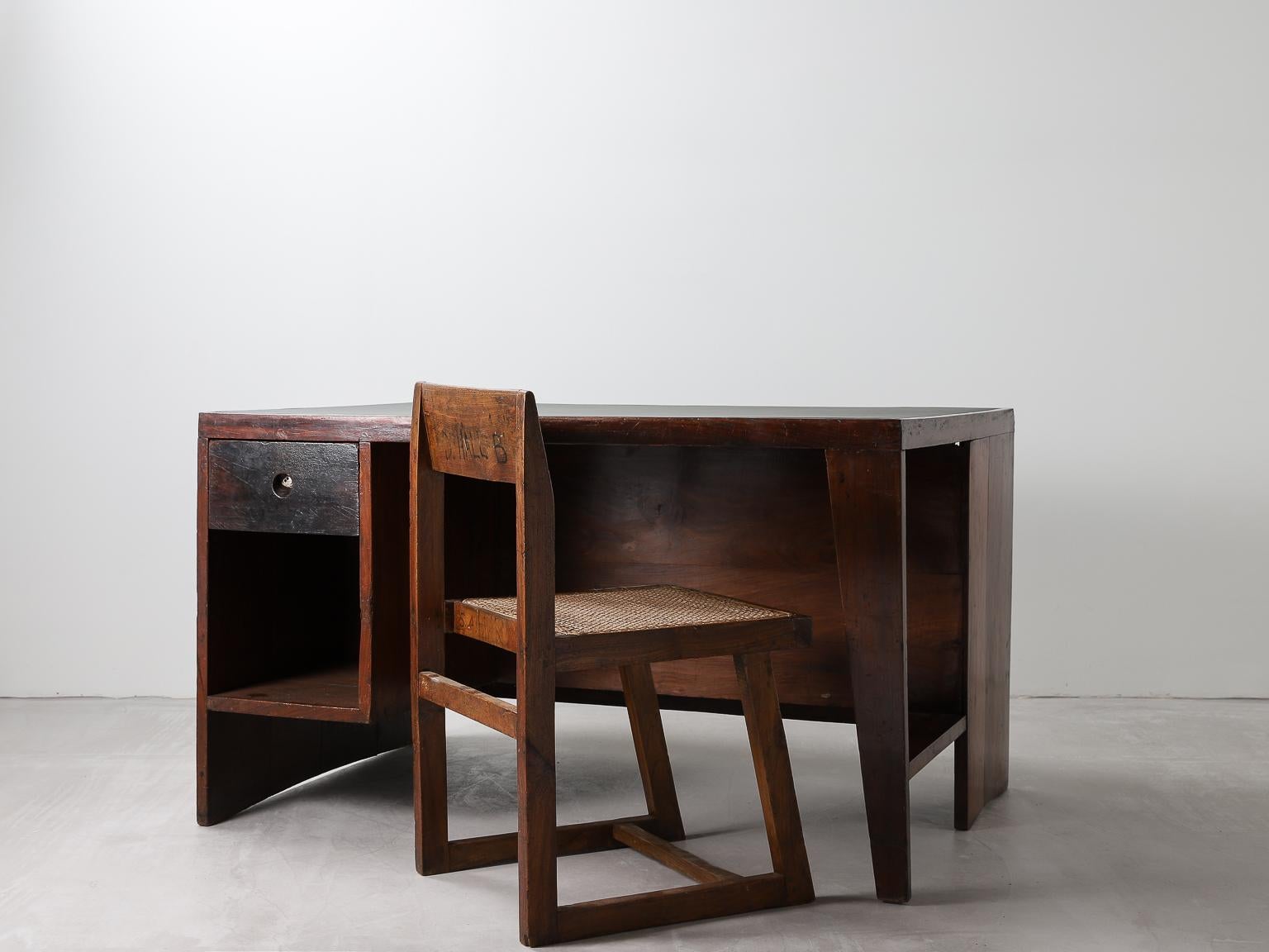 Leather Pierre Jeanneret Desk with Bookcase, Model no. PJ-BU-02-A