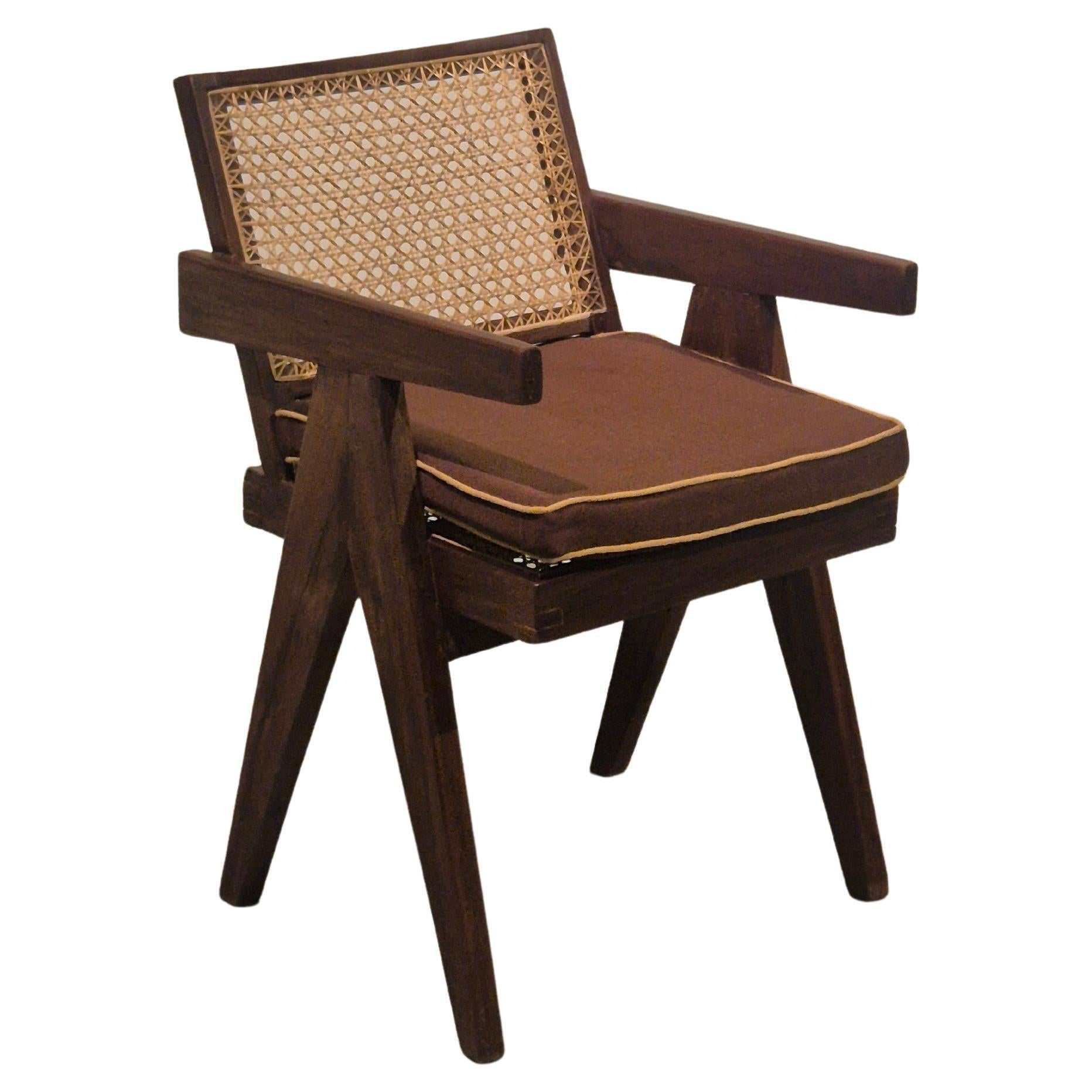 Pierre Jeanneret, original armchair SI-28-B in teak and cane, Mid-Century Modern For Sale