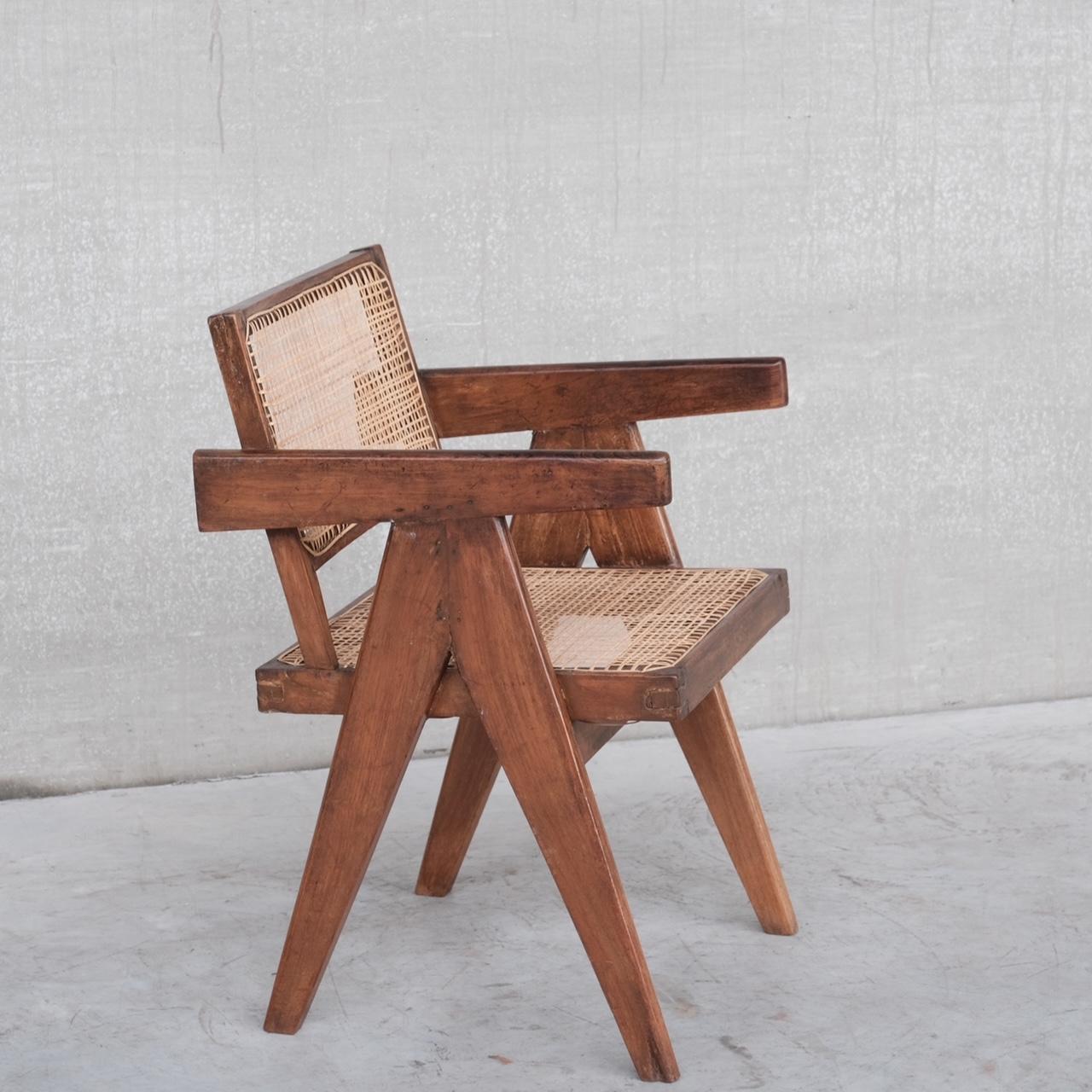 Indian Pierre Jeanneret Original Cane and Teak Office Chair For Sale