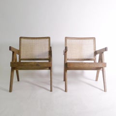 Pierre Jeanneret, Pair of Low Easy Chairs, Teak and Cane, Chandigarh India 1950s