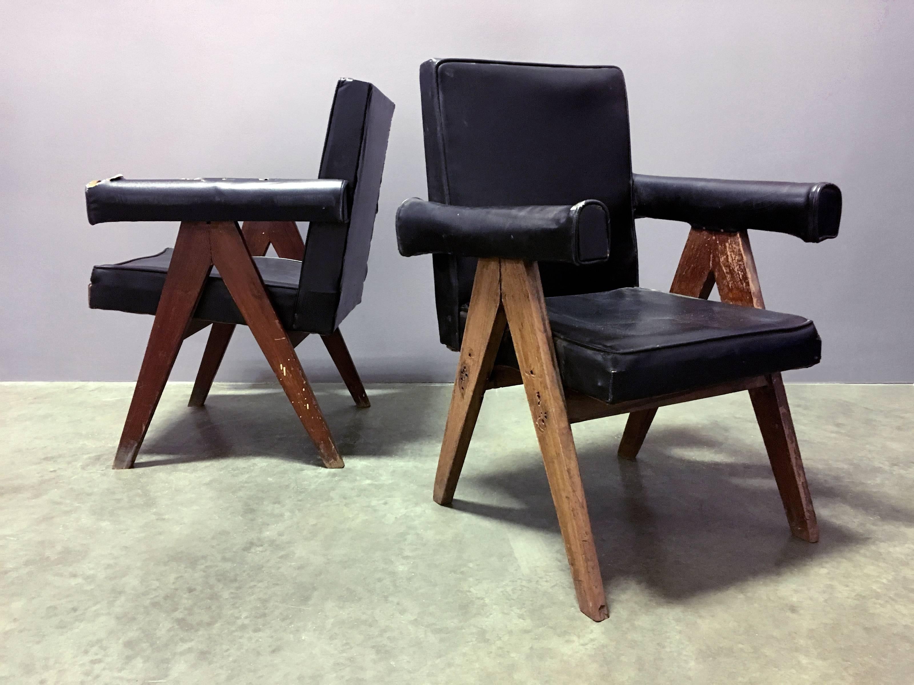  Pair of authentic, unrestored Committee chairs by Pierre Jeanneret from Chandigarh, India, c. 1953-54. Two pairs available. Sold in pairs, only. Price is $24,000 per pair. Chairs vary slightly in dimensions due to handmade nature of the design.