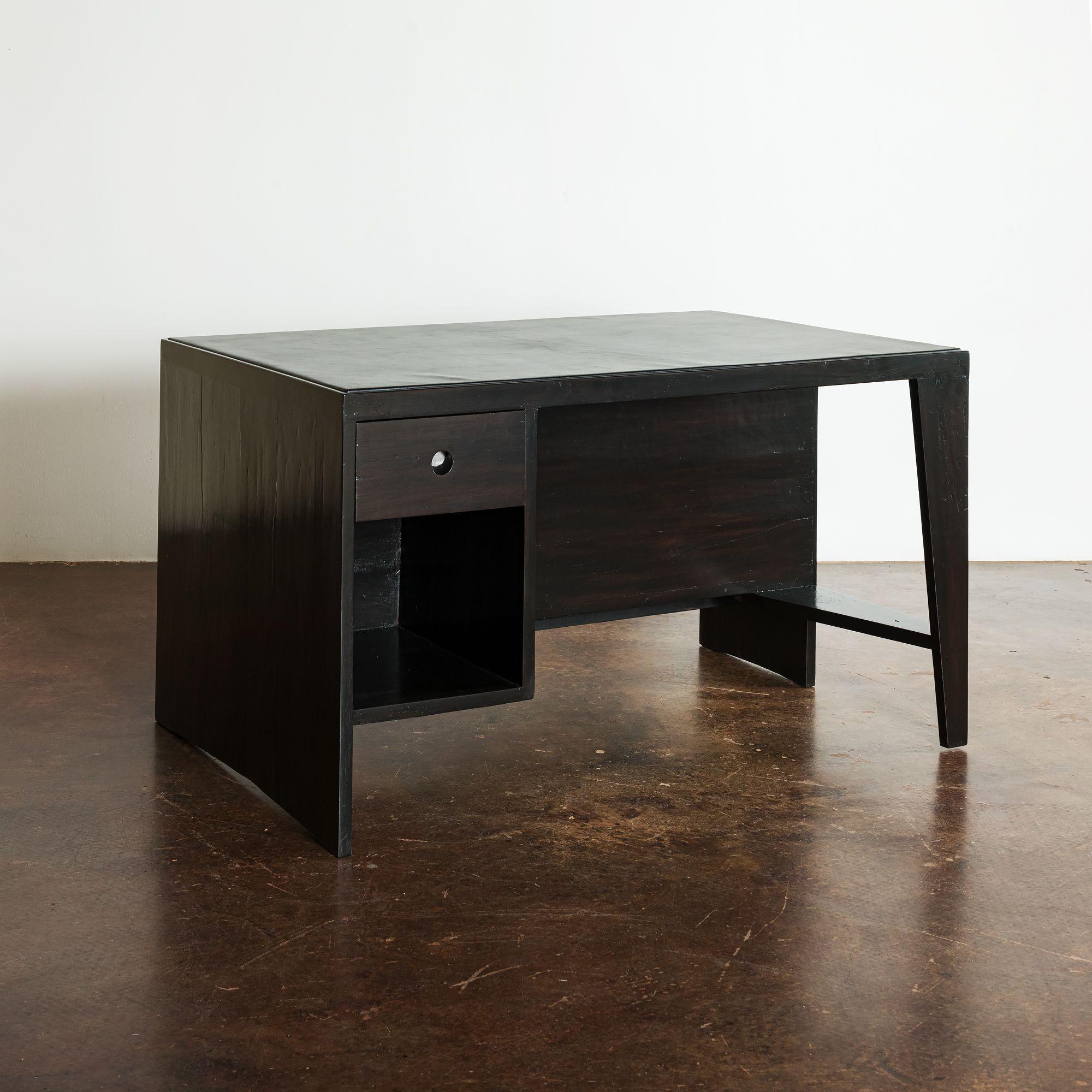 Pierre Jeanneret Pigeonhole Desk in Black Stain and Black Leather, India, 1950s For Sale 4