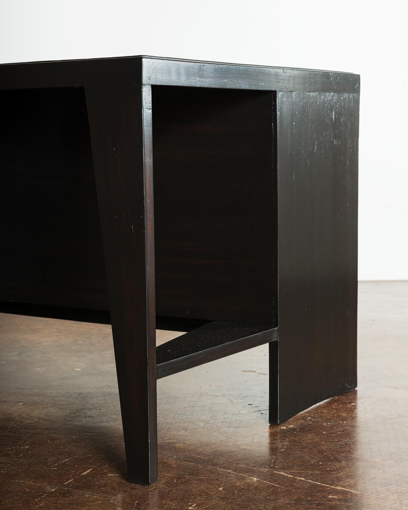 Mid-Century Modern Pierre Jeanneret Pigeonhole Desk in Black Stain and Black Leather, India, 1950s For Sale