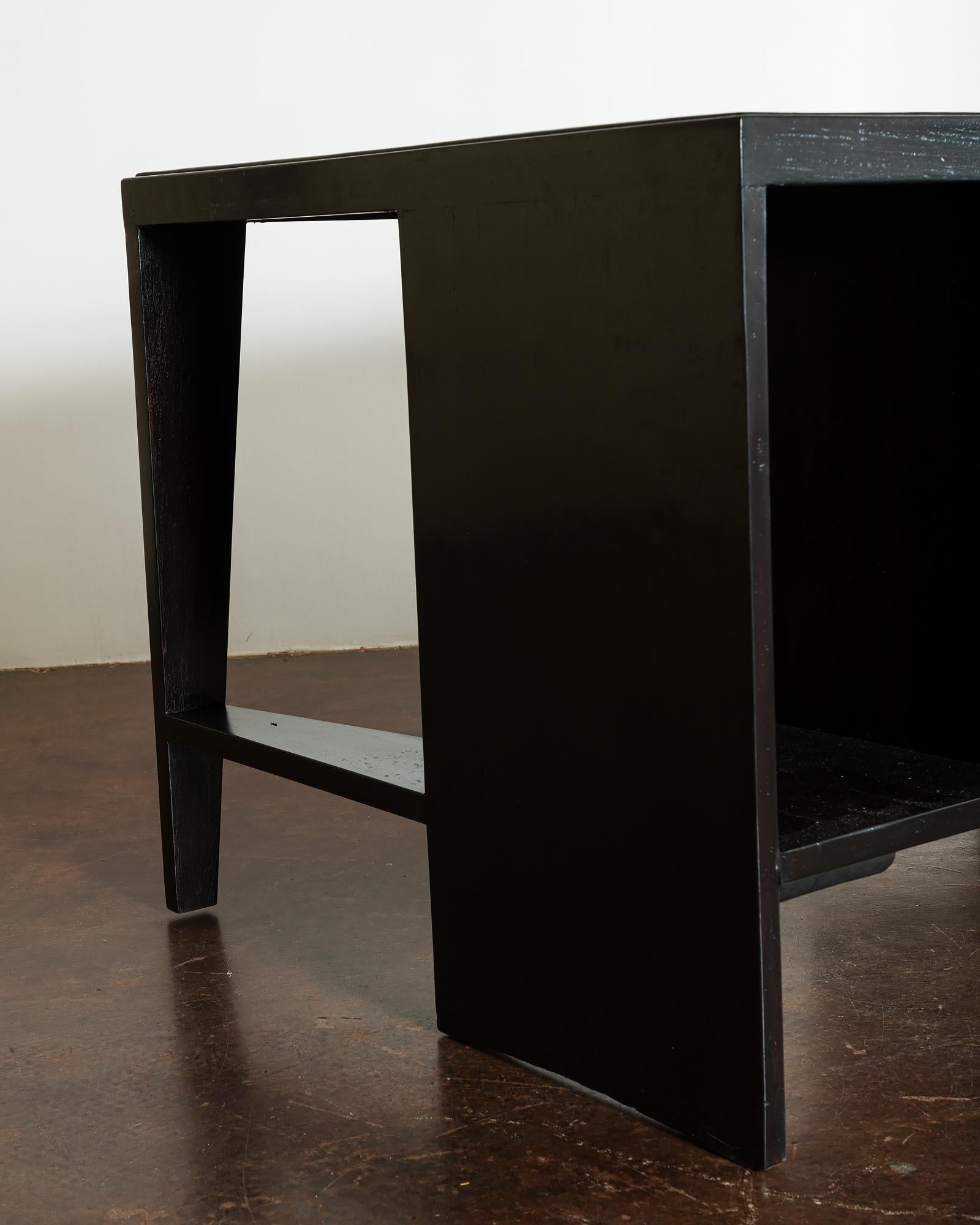 Indian Pierre Jeanneret Pigeonhole Desk in Black Stain and Black Leather, India, 1950s For Sale