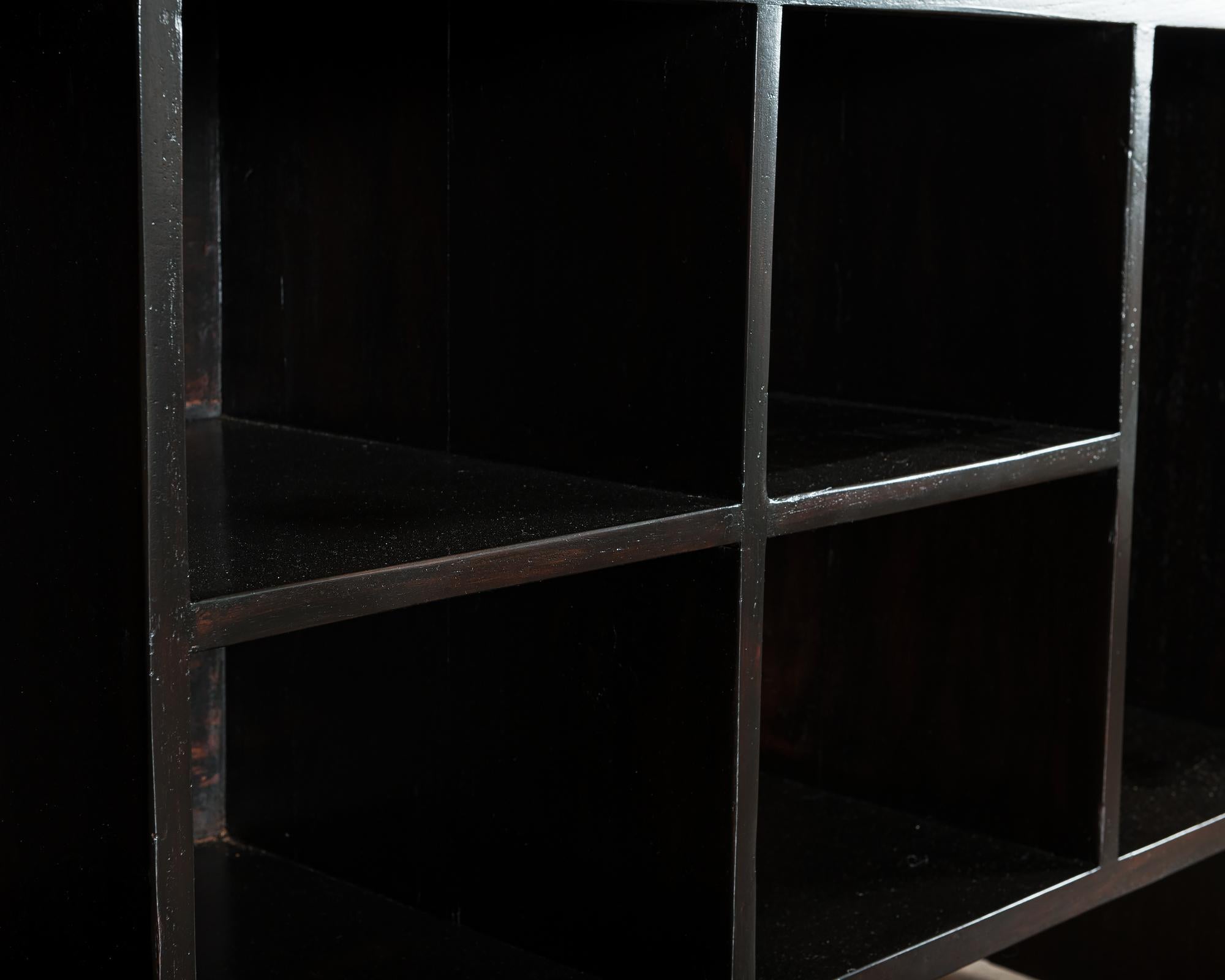 Stained Pierre Jeanneret Pigeonhole Desk in Black Stain and Black Leather, India, 1950s For Sale