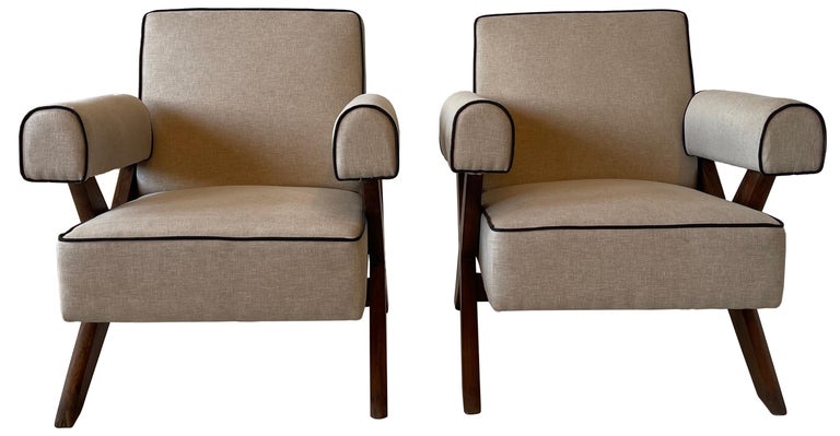 Mid-Century Modern Pierre Jeanneret PJ-SI-48-A Upholstered Armchairs in Teak For Sale