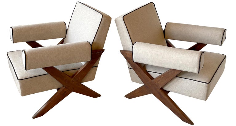 Indian Pierre Jeanneret PJ-SI-48-A Upholstered Armchairs in Teak For Sale