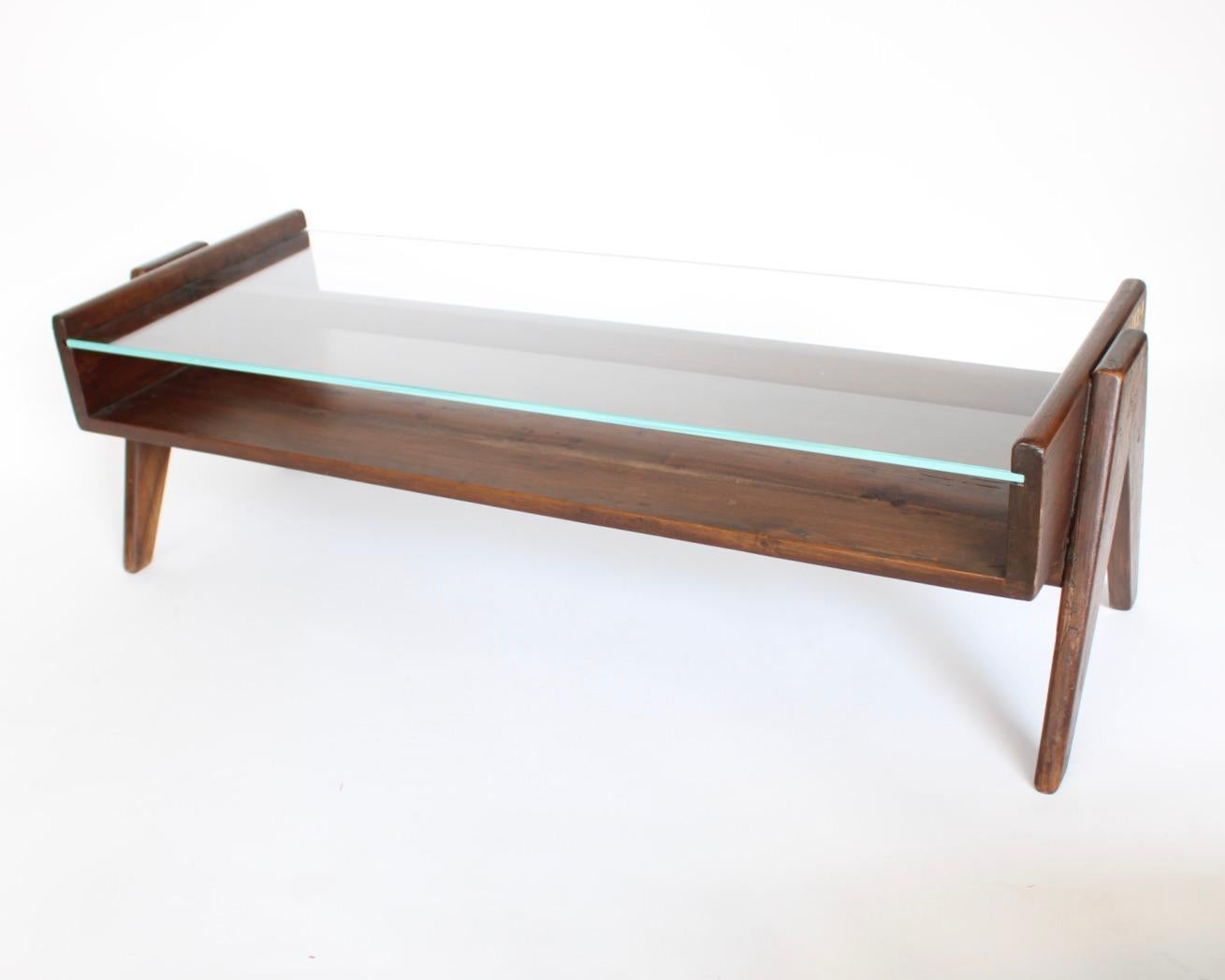 Indian Pierre Jeanneret PJ TB 05 Coffee Table Teak and Glass Top Numbered  For Sale