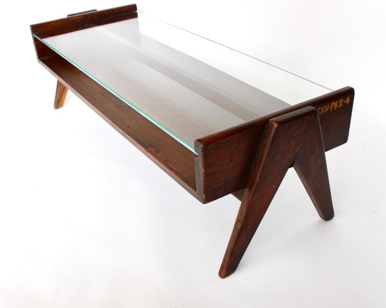 Mid-20th Century Pierre Jeanneret PJ TB 05 Coffee Table Teak and Glass Top Numbered  For Sale