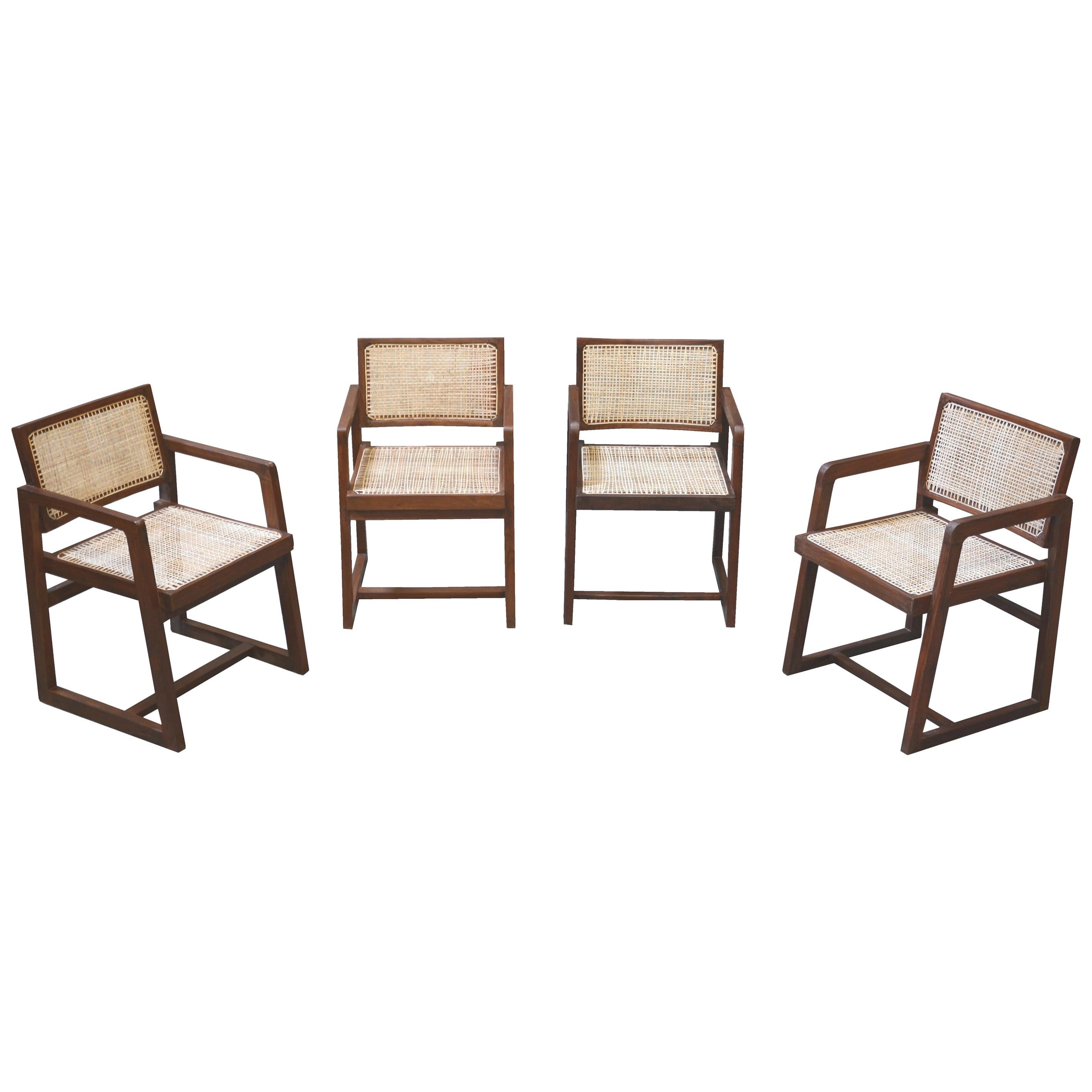 Pierre Jeanneret Rare set of 4 Cane Back Office Chairs with original Letterings For Sale
