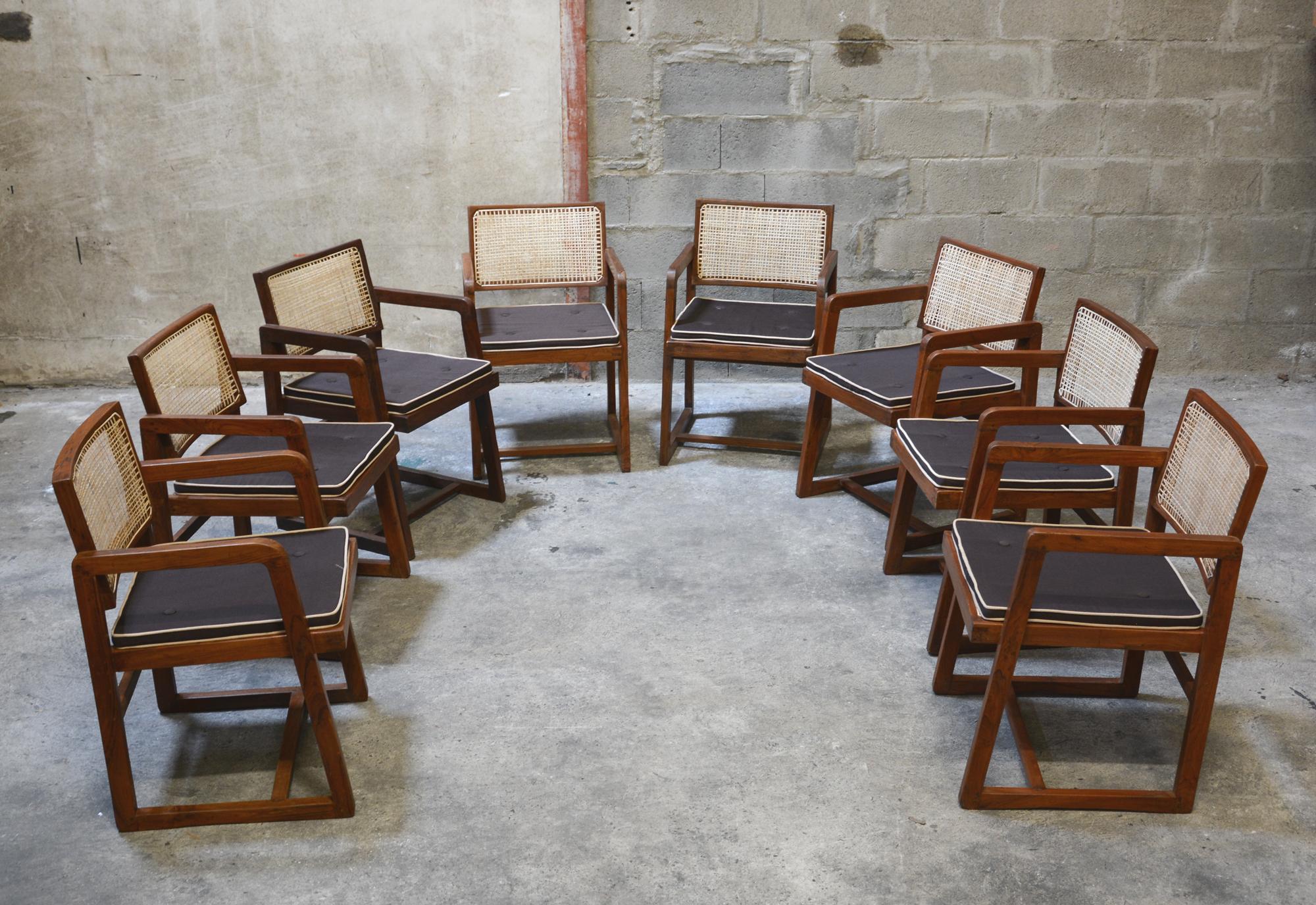 Indian Pierre Jeanneret Rare Set of 8 Cane Back Office Chairs with Original Letterings For Sale