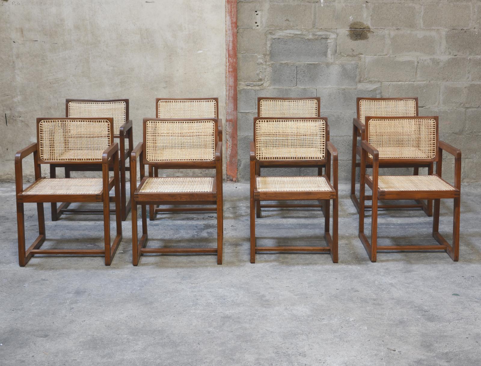 Pierre Jeanneret Rare Set of 8 Cane Back Office Chairs with Original Letterings In Fair Condition For Sale In BREST, FR