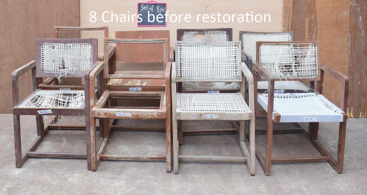 Mid-20th Century Pierre Jeanneret Rare Set of 8 Cane Back Office Chairs with Original Letterings For Sale