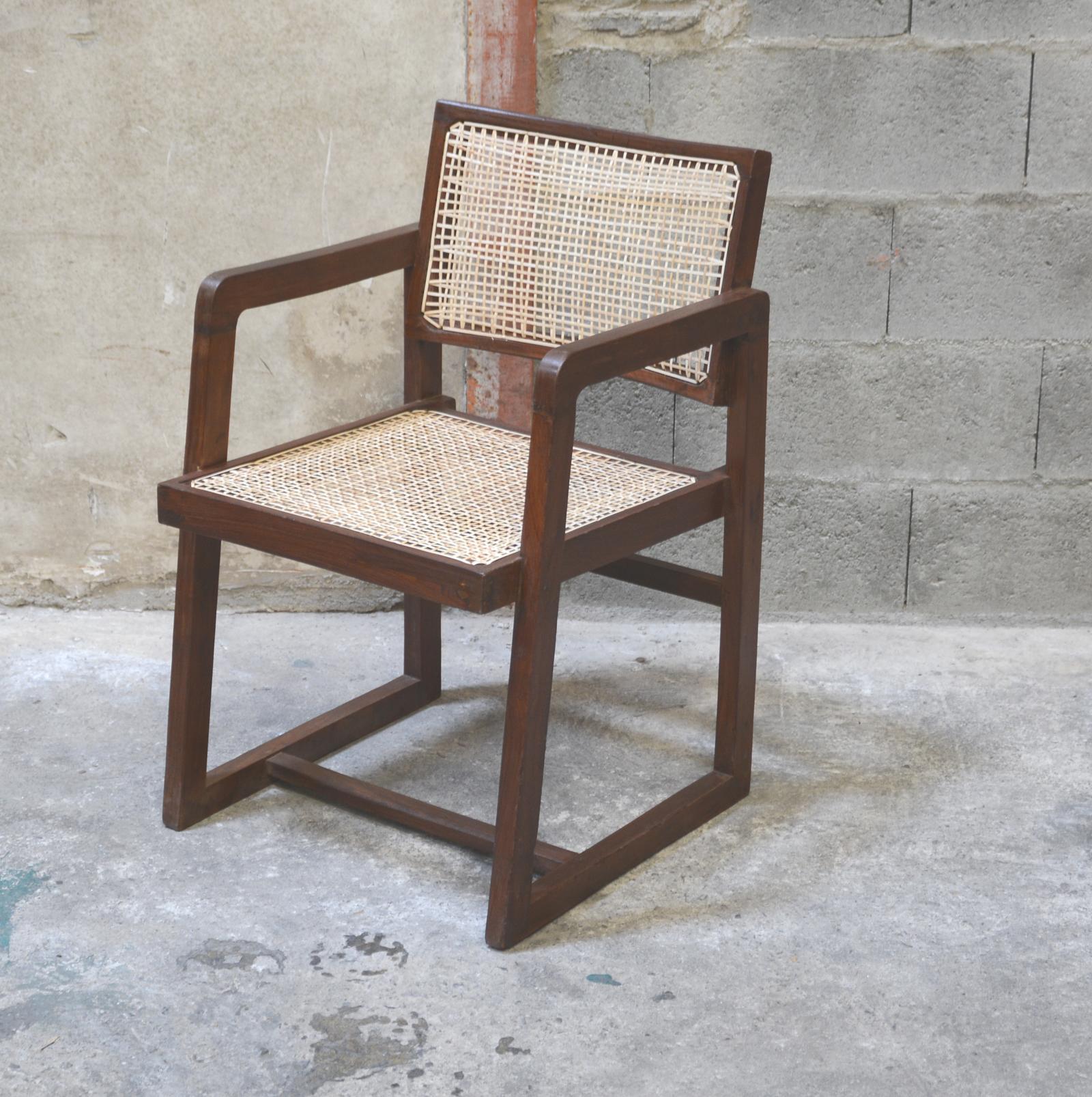 Teak Pierre Jeanneret Rare Set of 8 Cane Back Office Chairs with Original Letterings For Sale