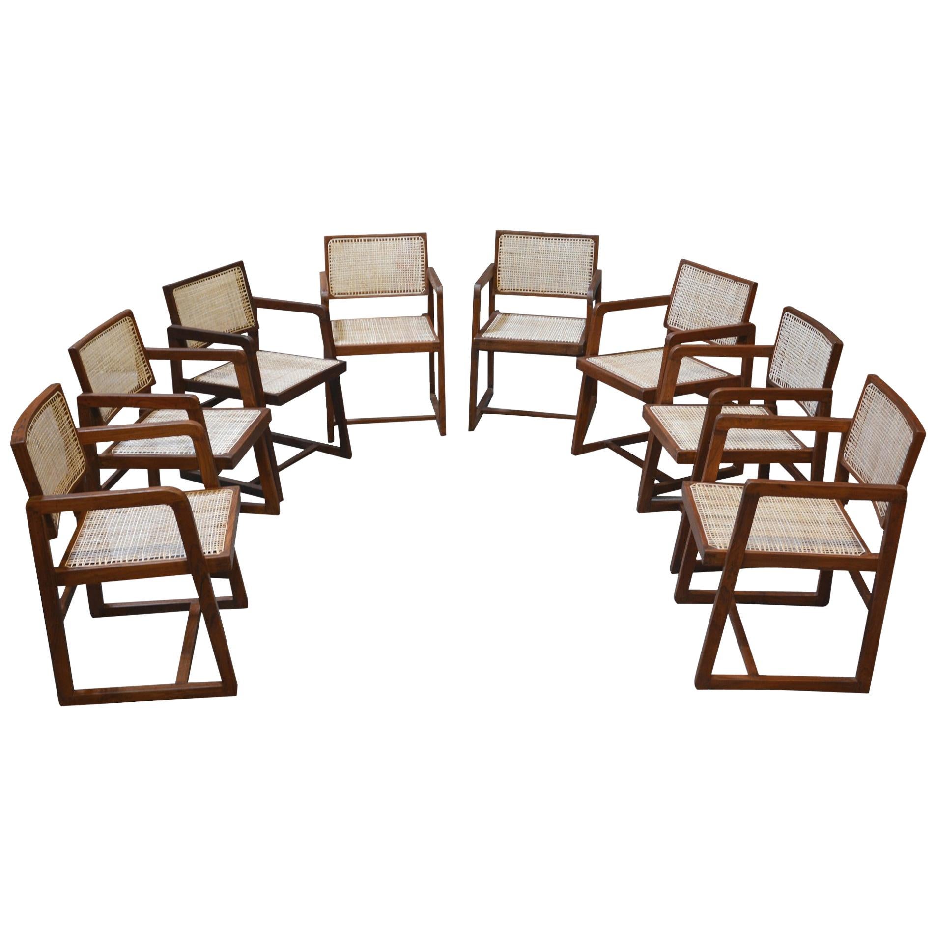 Pierre Jeanneret Rare Set of 8 Cane Back Office Chairs with Original Letterings For Sale