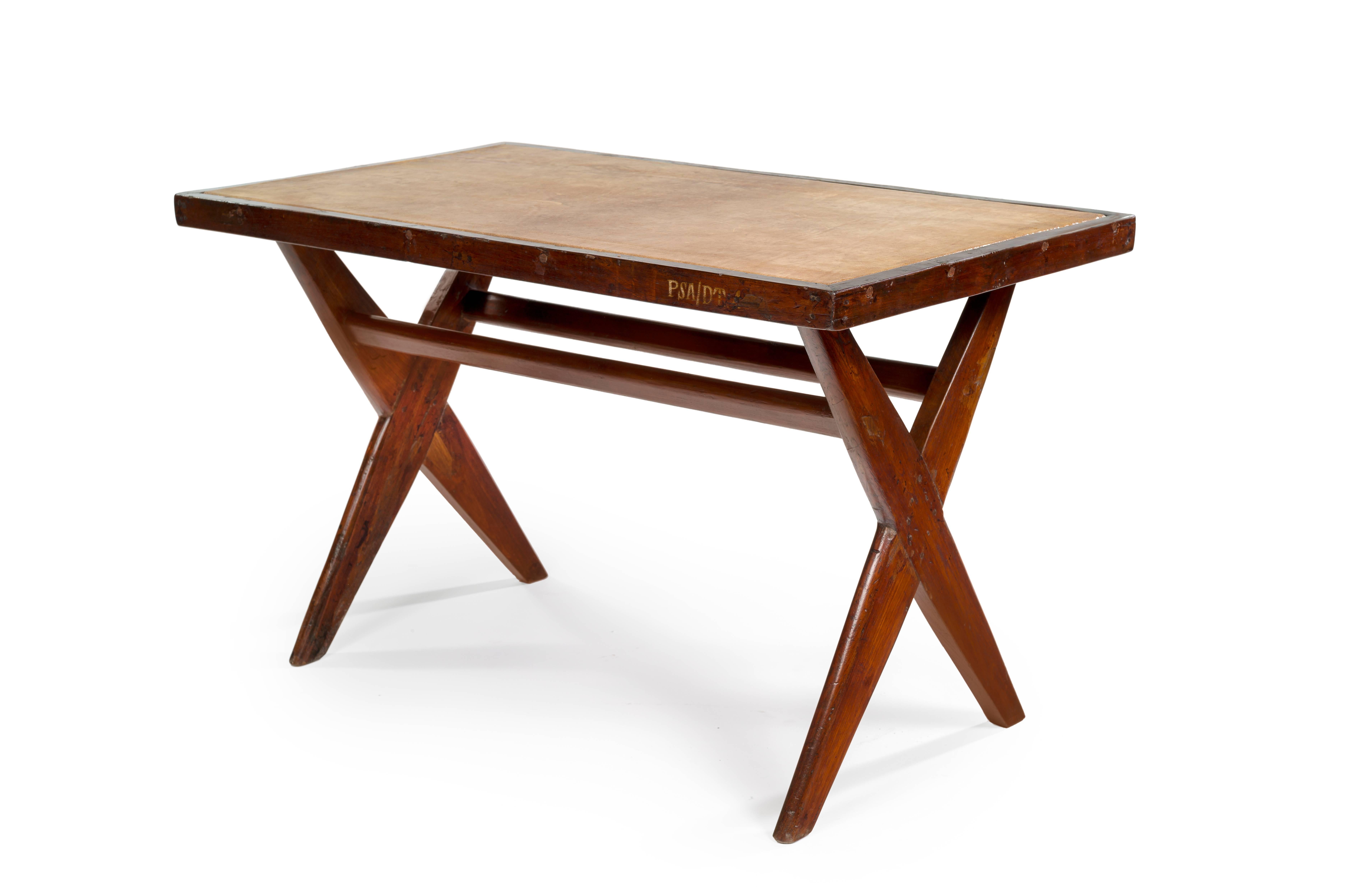 Pierre Jeanneret
PJ-TA-09-B
Important : vintage collector's item for sale with guaranteed authenticity. 
Table called “Reading table”, circa 1961.
Library table version with covered leather tabletop.
Solid and plated teak.
Central State Library