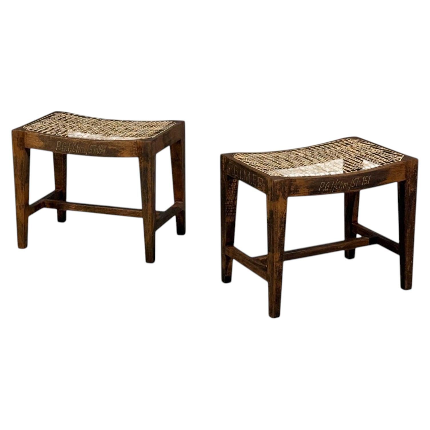 Pierre Jeanneret, Rectangular Low Stools, Teak, Cane, Chandigarh, India, 1960s For Sale