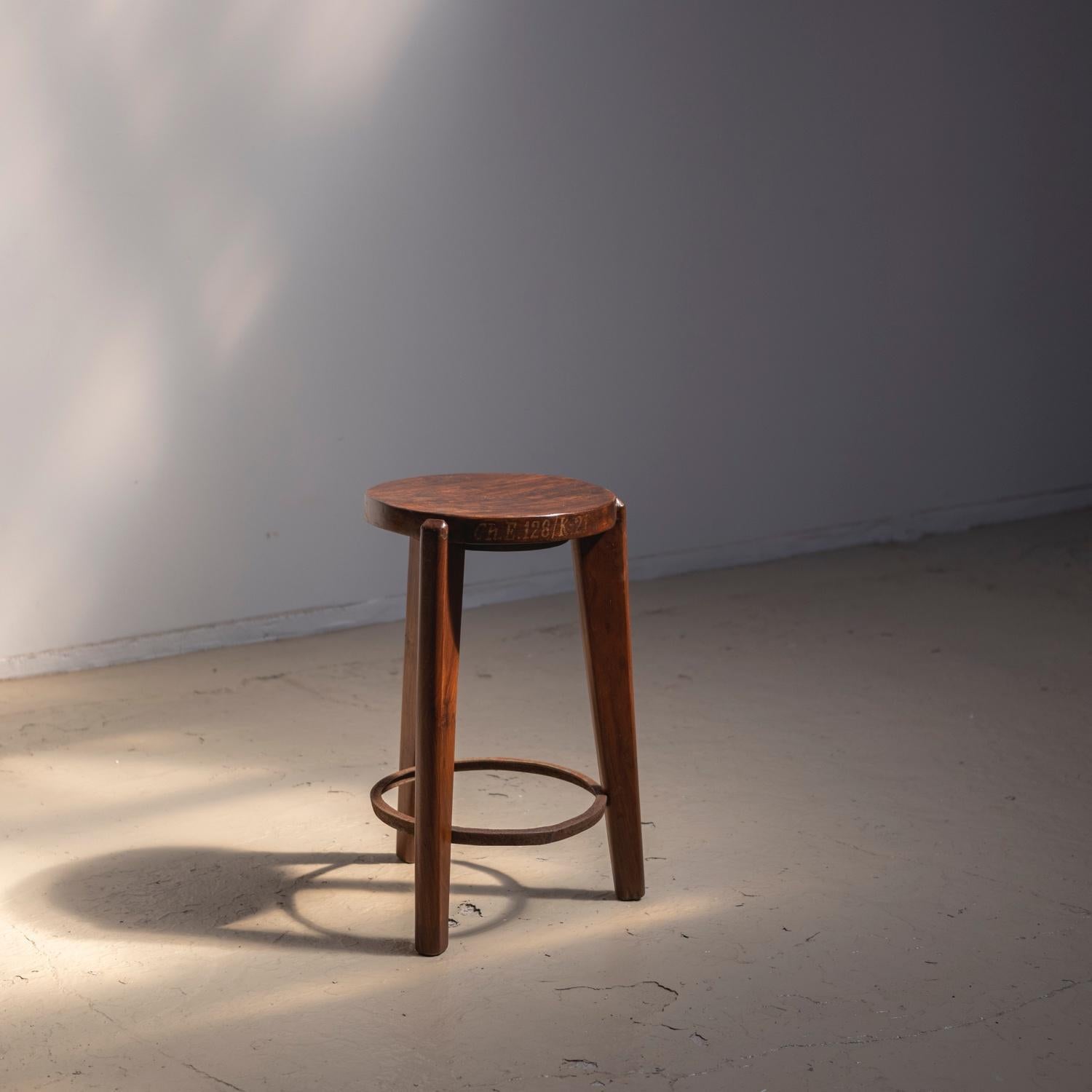 Indian Pierre Jeanneret Round Stool in Teak and Iron, Chandigarh, 1960-1965