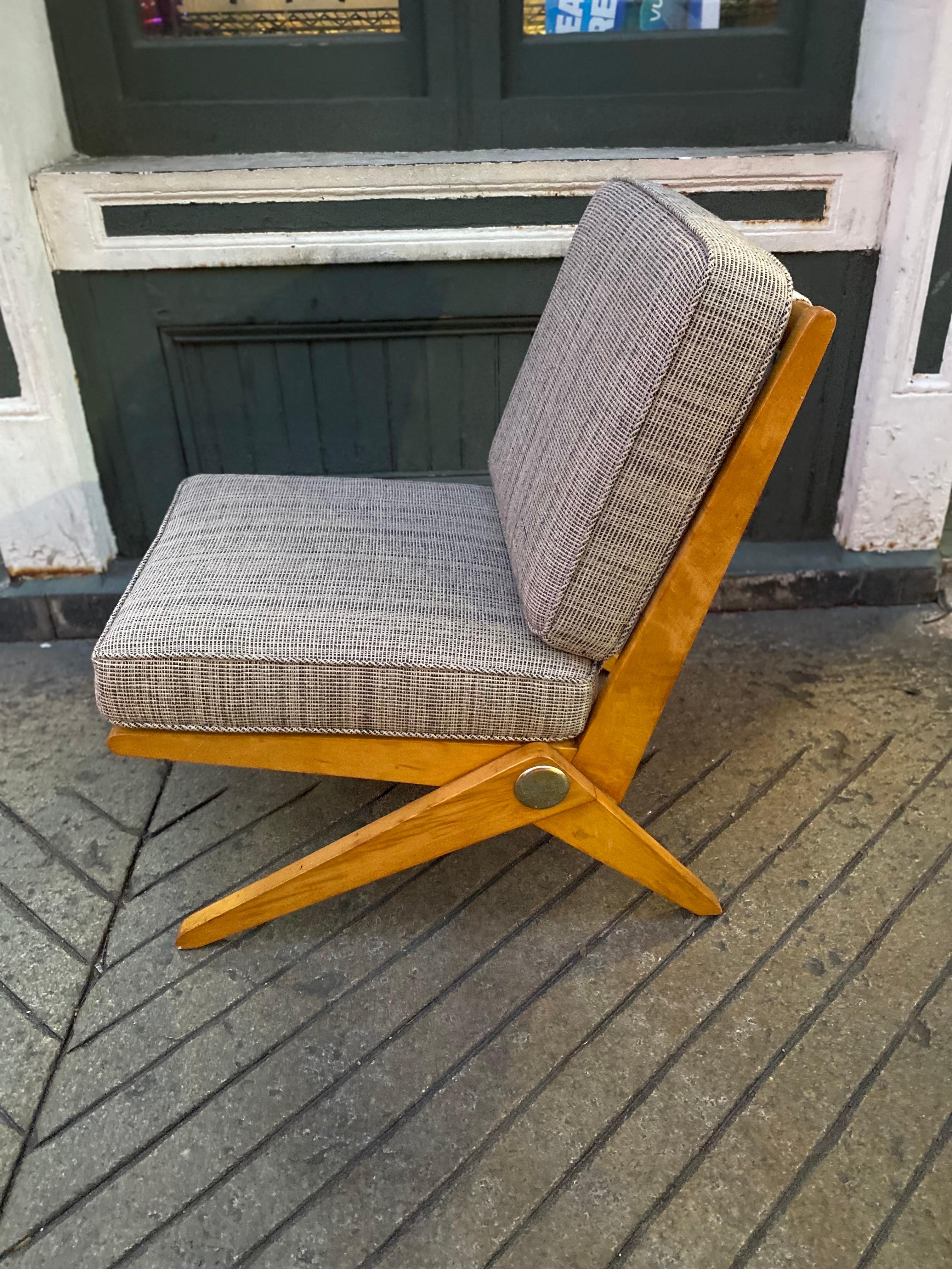 Pierre Jeanneret Scissor chair for Knoll. Very Nice Example! Original finish on the Maple frame. Newly upholstered Cushions. Very sturdy and solid example! New correct webbing.