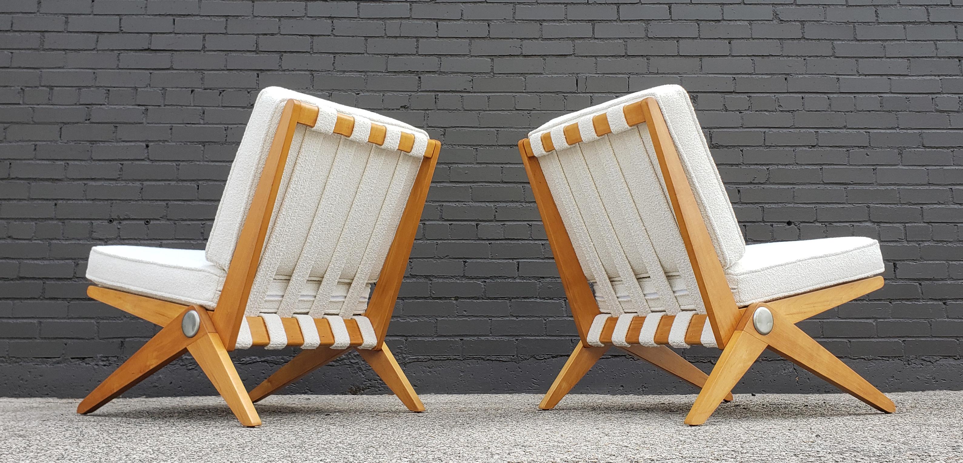 Mid-Century Modern Pierre Jeanneret Scissor Lounge Chairs for Knoll Associates in Birch & Boucle