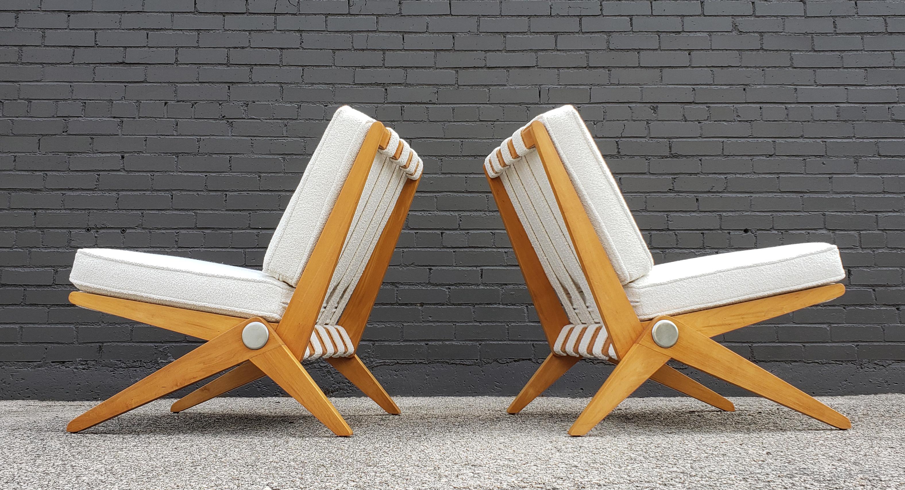 American Pierre Jeanneret Scissor Lounge Chairs for Knoll Associates in Birch & Boucle