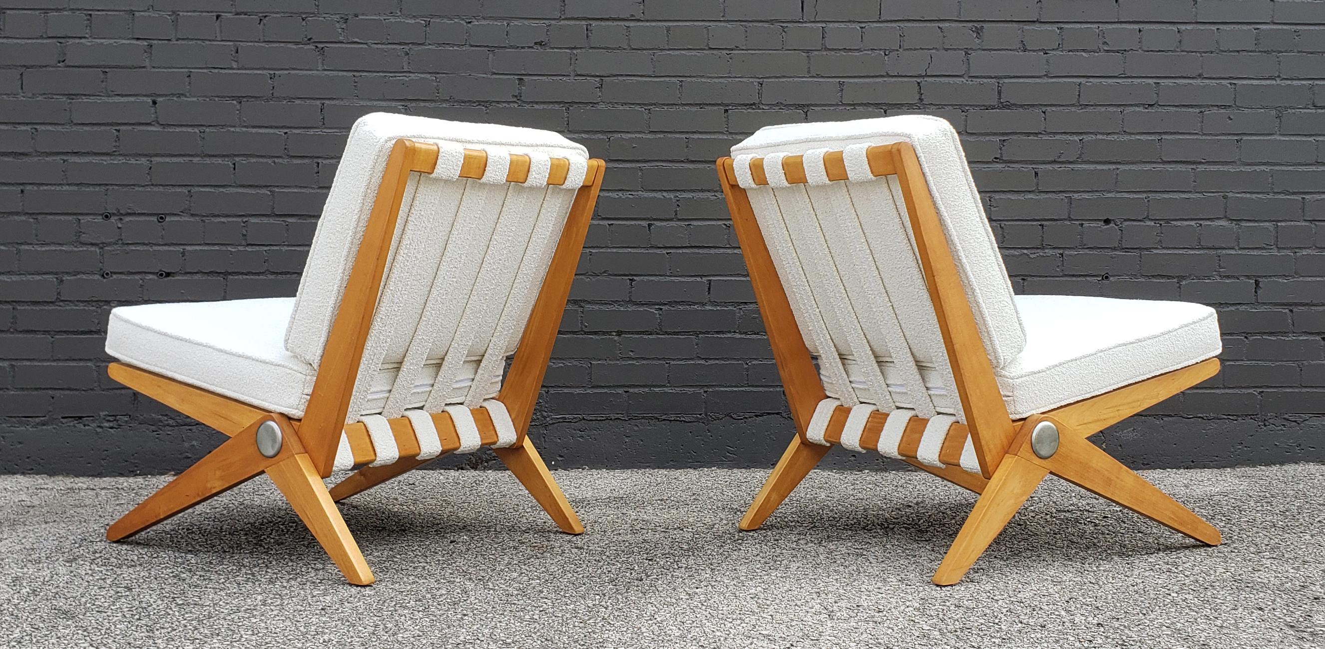 Mid-20th Century Pierre Jeanneret Scissor Lounge Chairs for Knoll Associates in Birch & Boucle