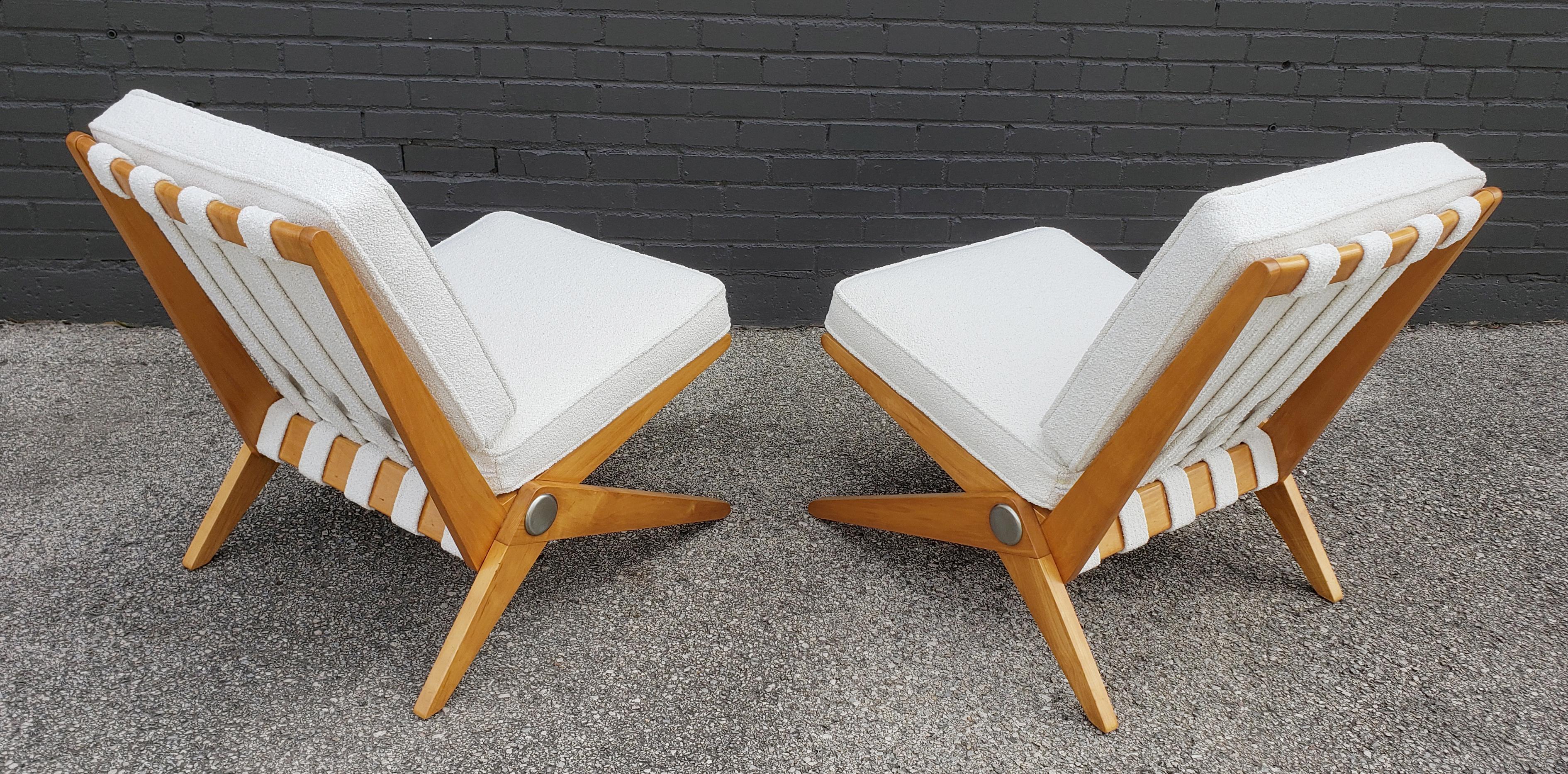 Pierre Jeanneret Scissor Lounge Chairs for Knoll Associates in Birch & Boucle 1
