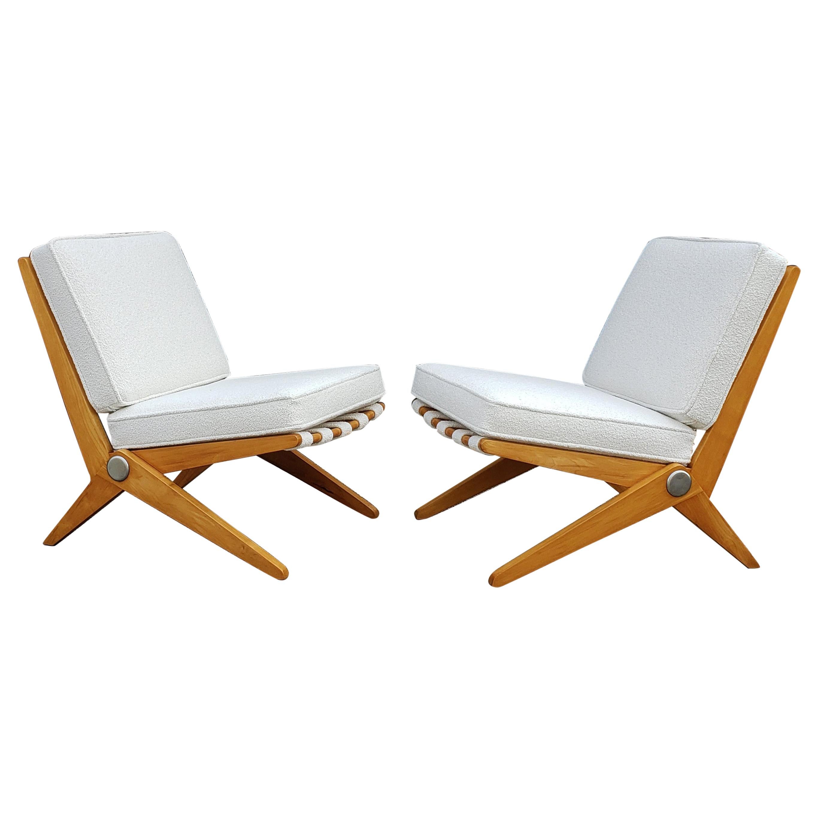 Pierre Jeanneret Scissor Lounge Chairs for Knoll Associates in Birch & Boucle
