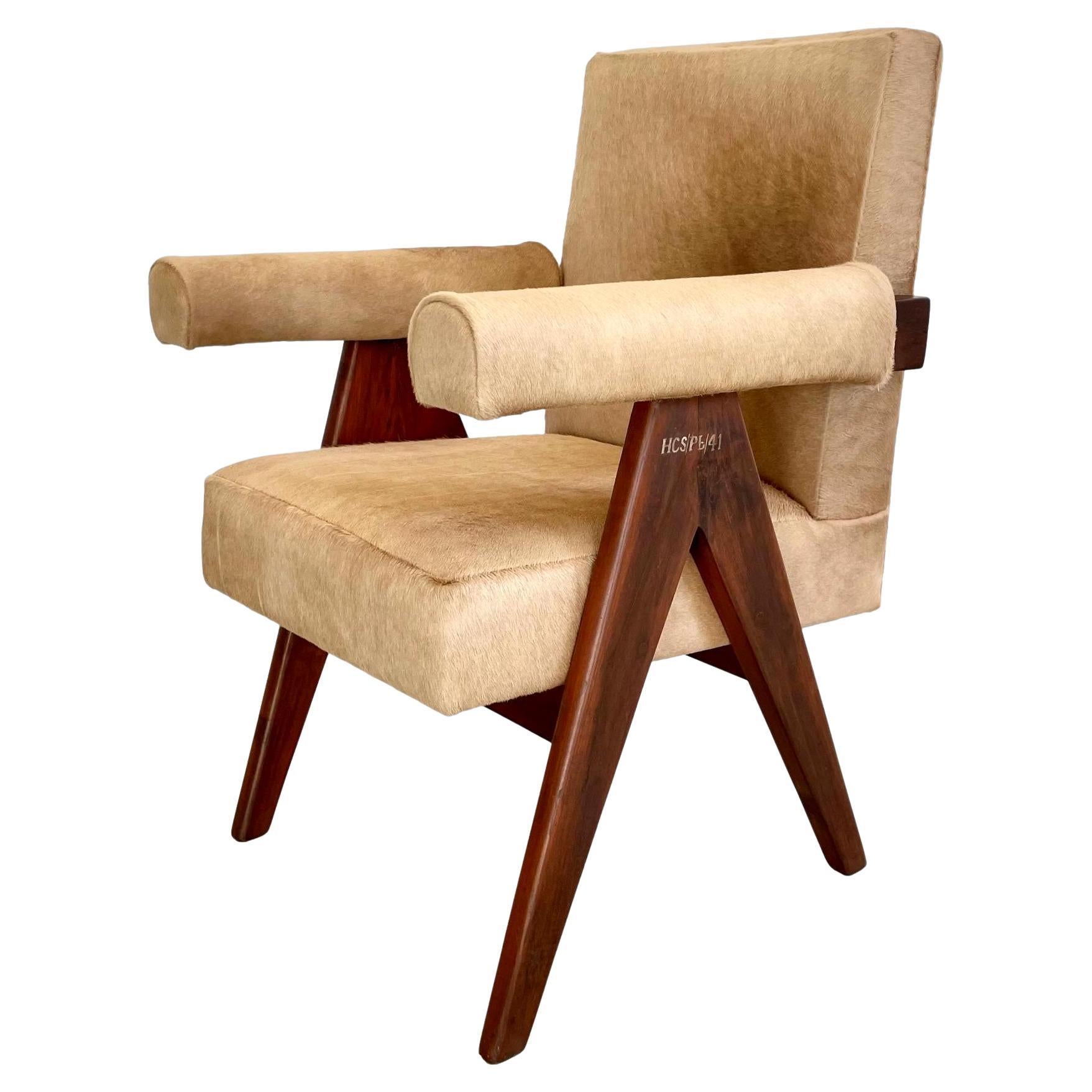Pierre Jeanneret Senate Chair in Cowhide, 1950s Chandigargh For Sale
