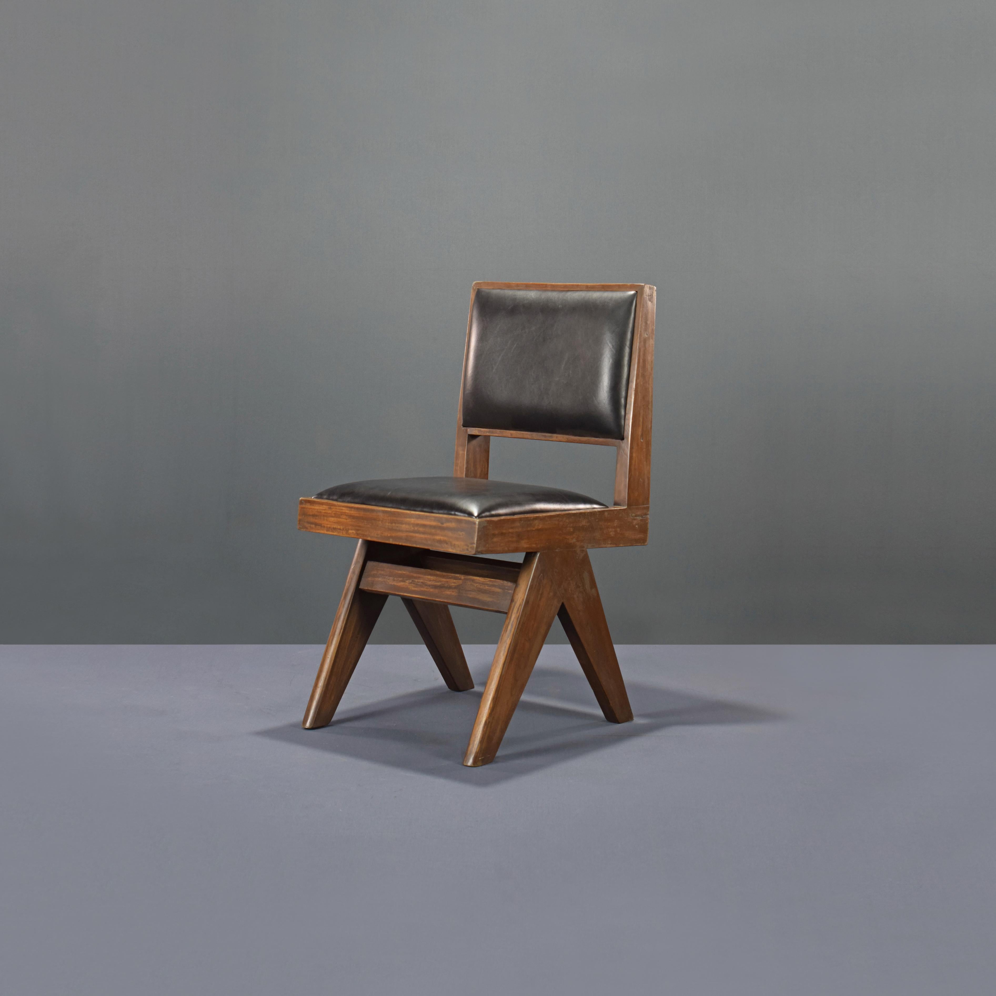 This chair is a fantastic piece, finally it's iconic. It appears so simple and yet so precise, where proportions seems to be perfect. This A-shaped legs are typical for Chandigarh objects. Then this L-shaped seat, where the beams get at the ends