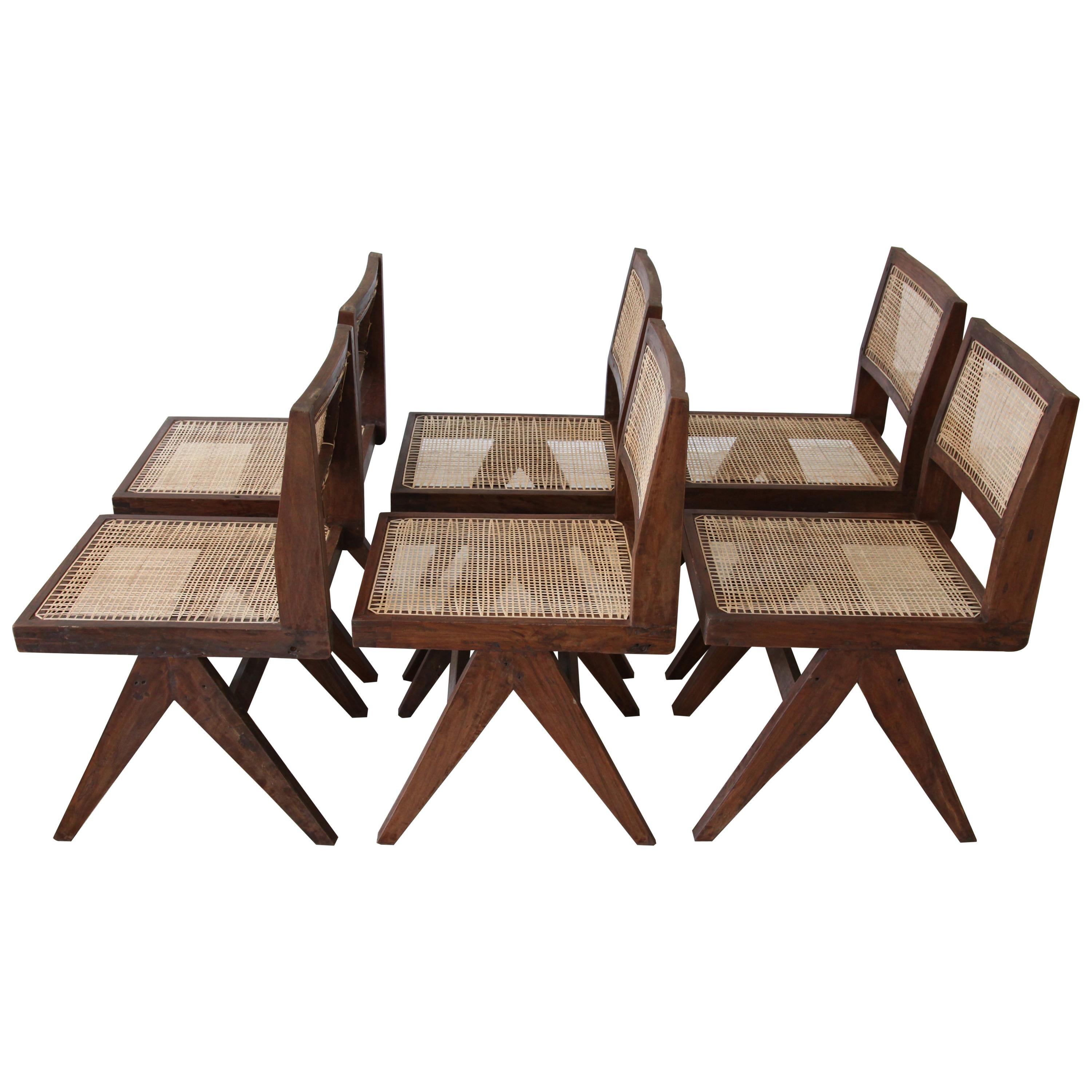 Pierre Jeanneret, Set of 6 Armless V-Leg Chairs from Chandigarh, circa 1955