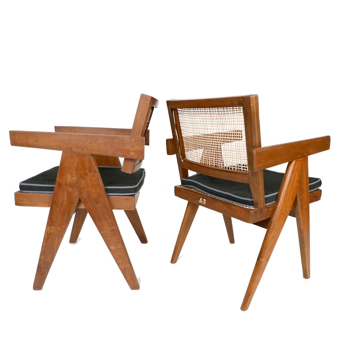 Rare set of 6 Pierre Jeanneret armchairs, model PJ-SI-28-B, France/ India. Teak, cane, upholstery. 1953. Provenance: Punjab University, then Important Private New York Collection. Literature: Le Corbusier Pierre Jeanneret, The Indian Adventure,