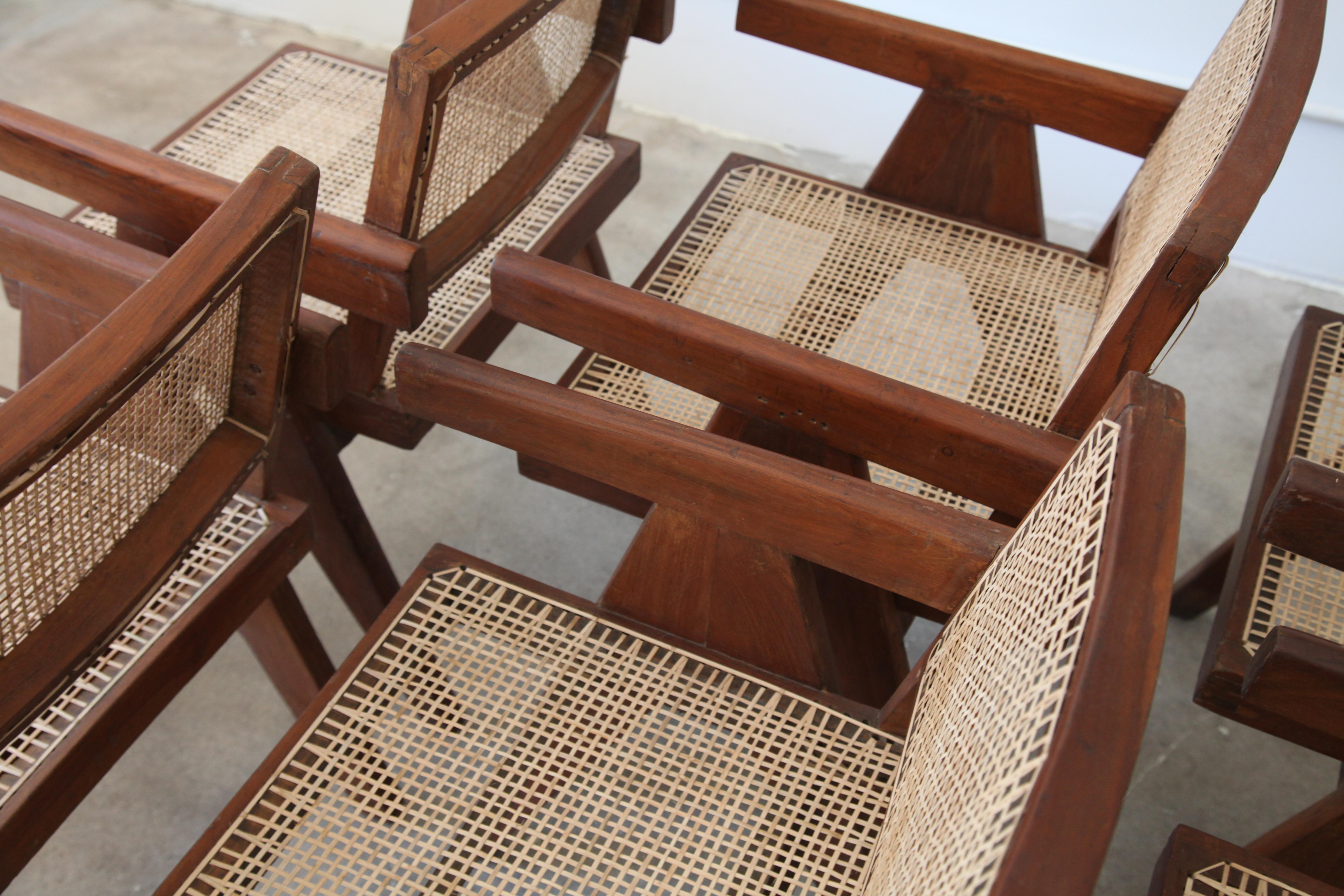 20th Century Pierre Jeanneret, Set of Six V-Leg Armchairs from Chandigarh, circa 1955