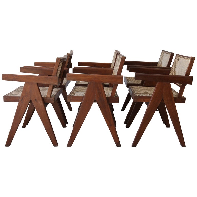 Pierre Jeanneret, Set of Six V-Leg Armchairs from Chandigarh, circa 1955 For Sale