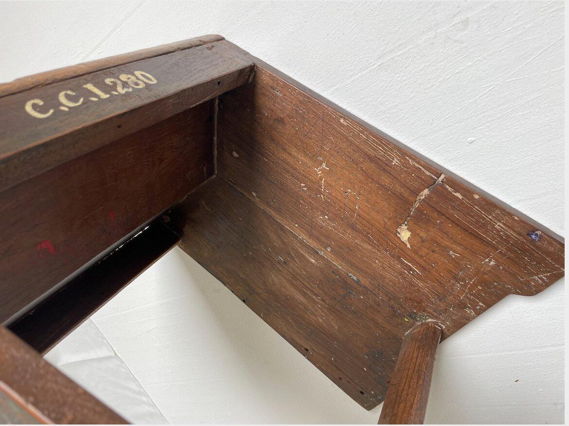 Rare teak sewing stool designed by Pierre Jeanneret for the famous Modernist capital city of Chandigarh, India. Stool was designed with concave seat because it was used by garment workers and allows the feet to remain slightly elevated to press the