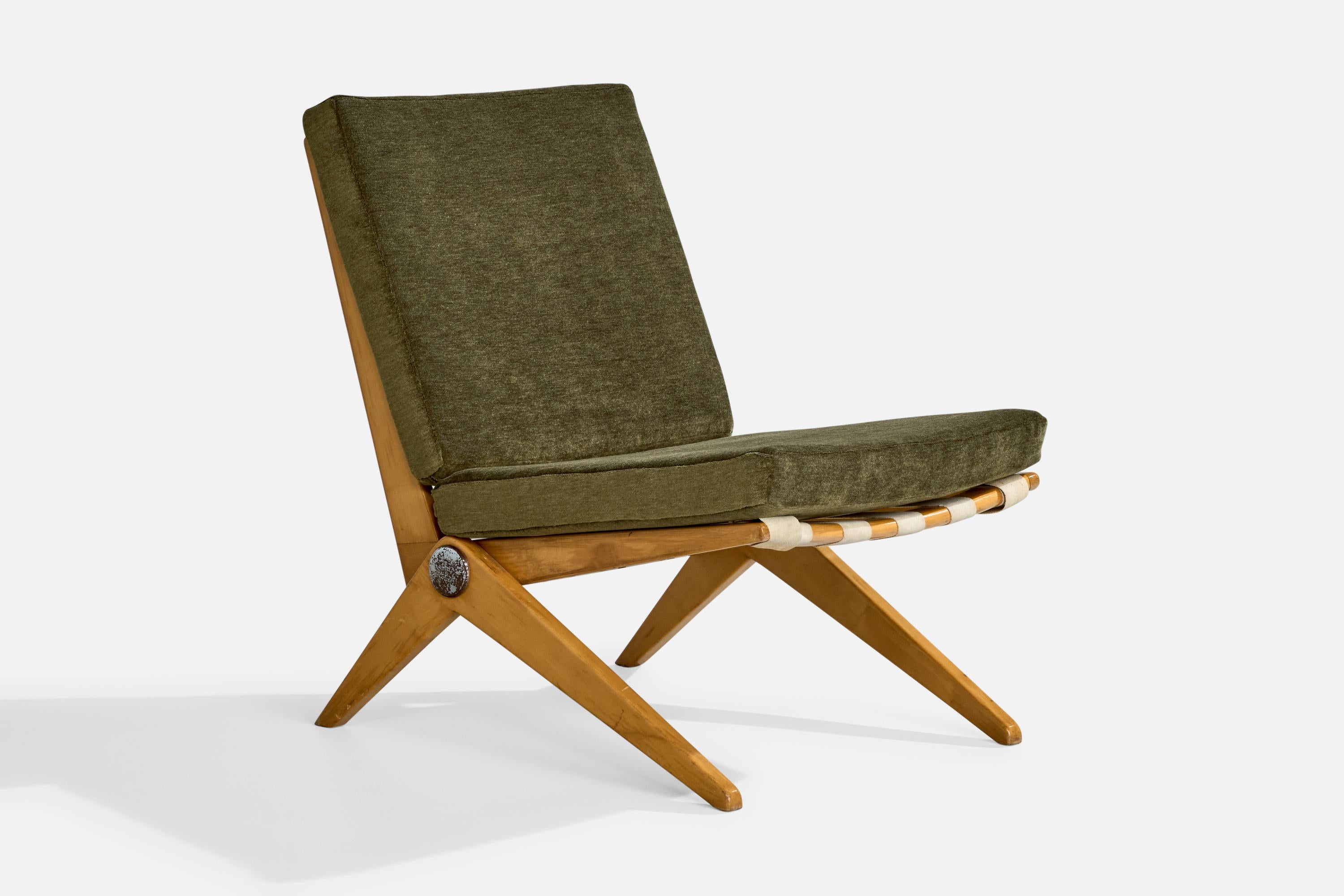 Sillón slipper de abedul, acero cromado, tela y terciopelo, diseñado por Pierre Jeanneret y producido por Knoll, EE.UU., c. 1948.

Dimensiones: 30,4