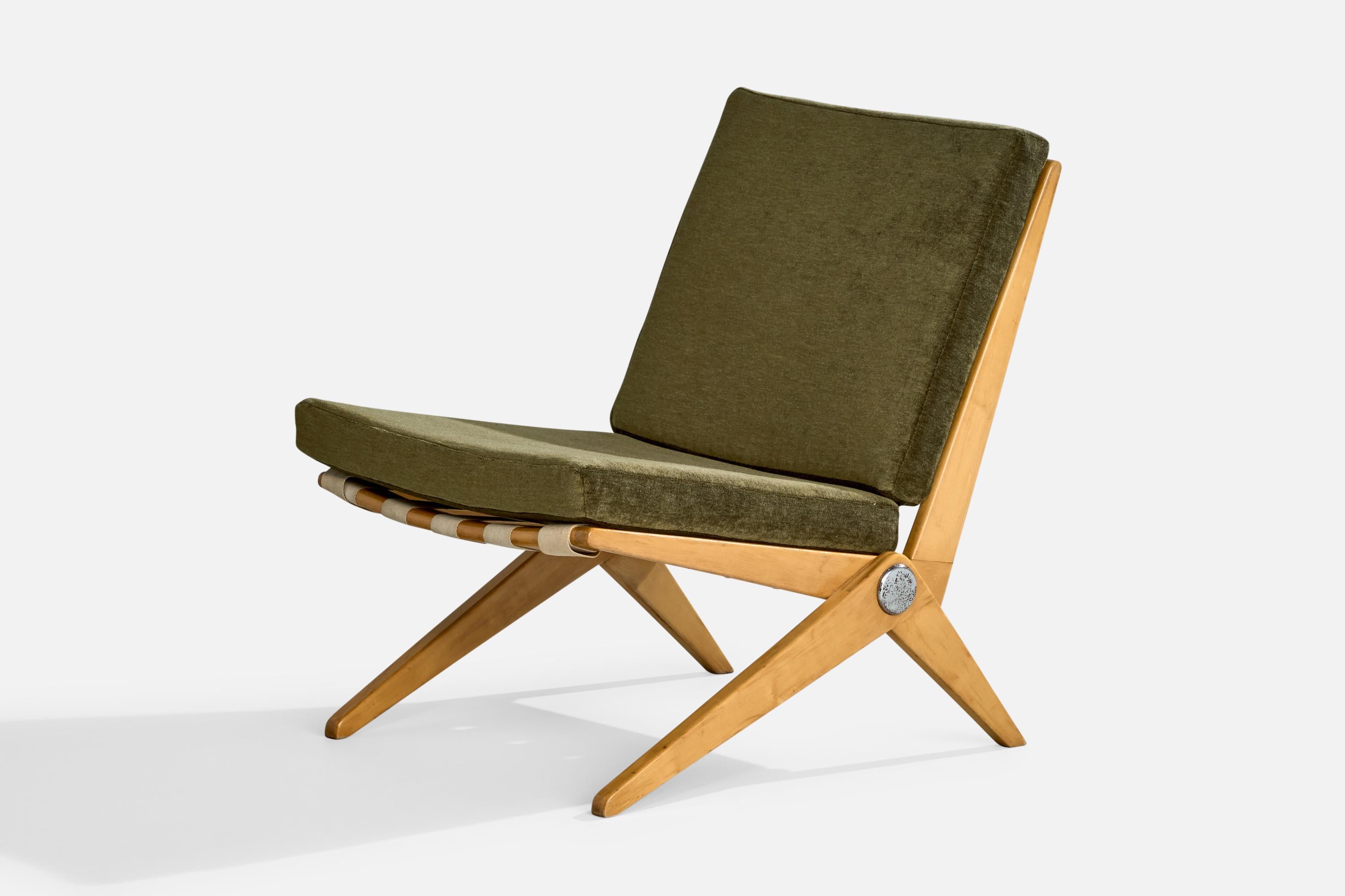 Pierre Jeanneret, Silla Slipper, Abedul, Acero, Tela, EE.UU., 1948 en Bueno estado para la venta en High Point, NC