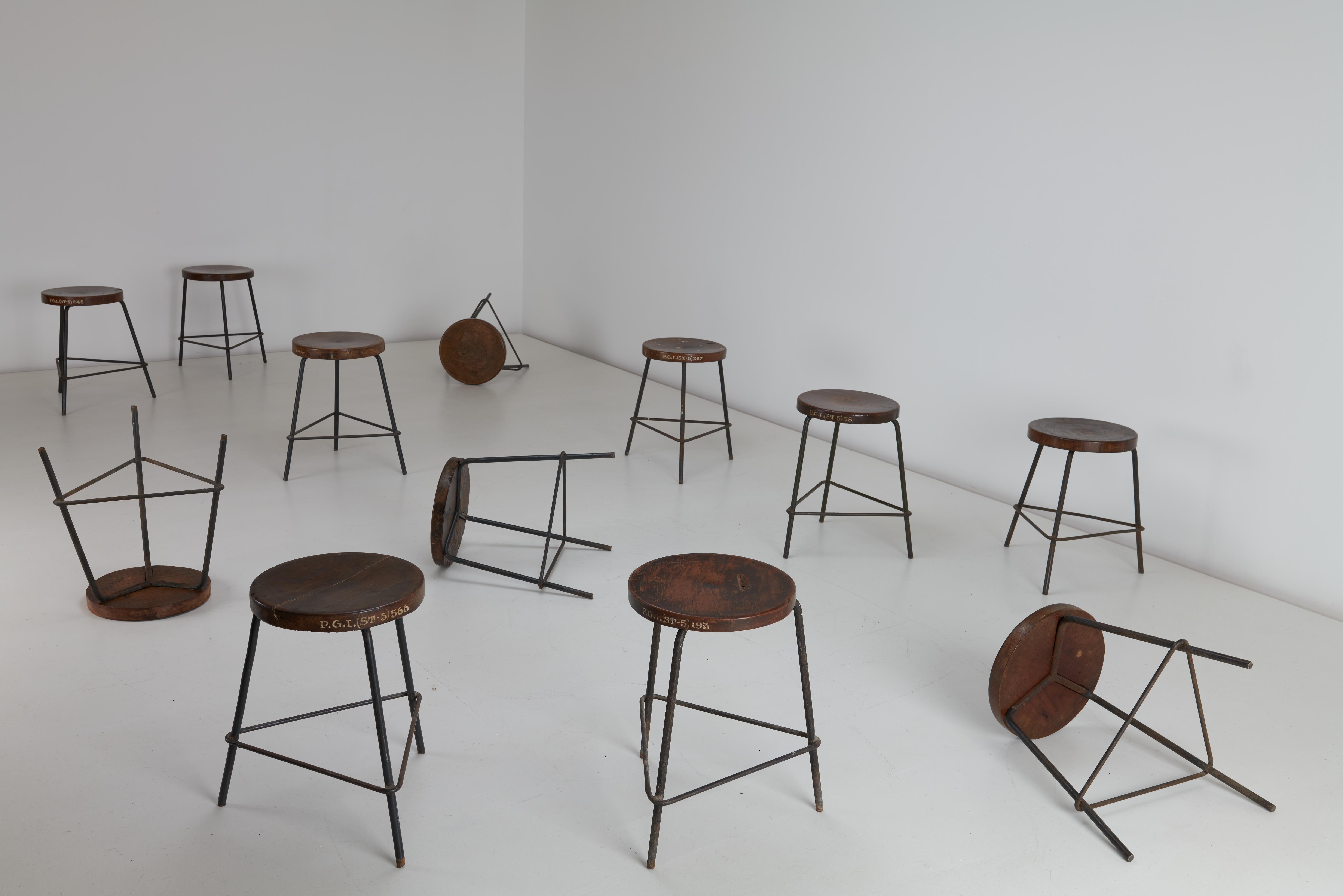 Pierre Jeanneret
Small Stools, c1960
Solid Teak & Painted, Patinated Iron
Diameter - 33cm (42cm base) - 13 inches (16½ inches)
Height - 50cm - 16¾ inches
From the Post Graduate Institute, Chandigarh India

Pierre Jeanneret’s Low stools for the Post