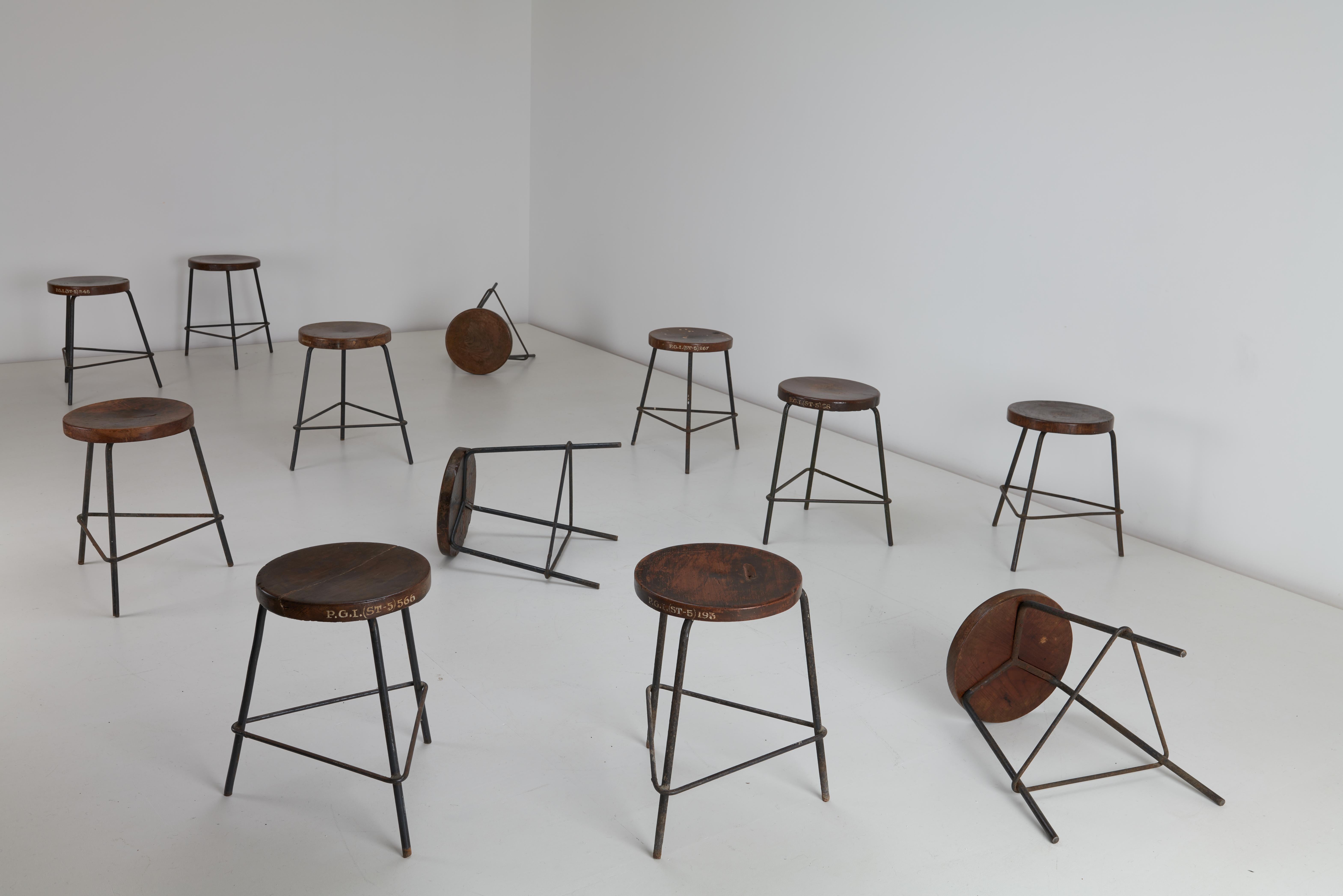 Pierre Jeanneret Small Stools Teak & Iron, Chandigarh, India - Sets Available In Good Condition For Sale In Uxbridge, GB