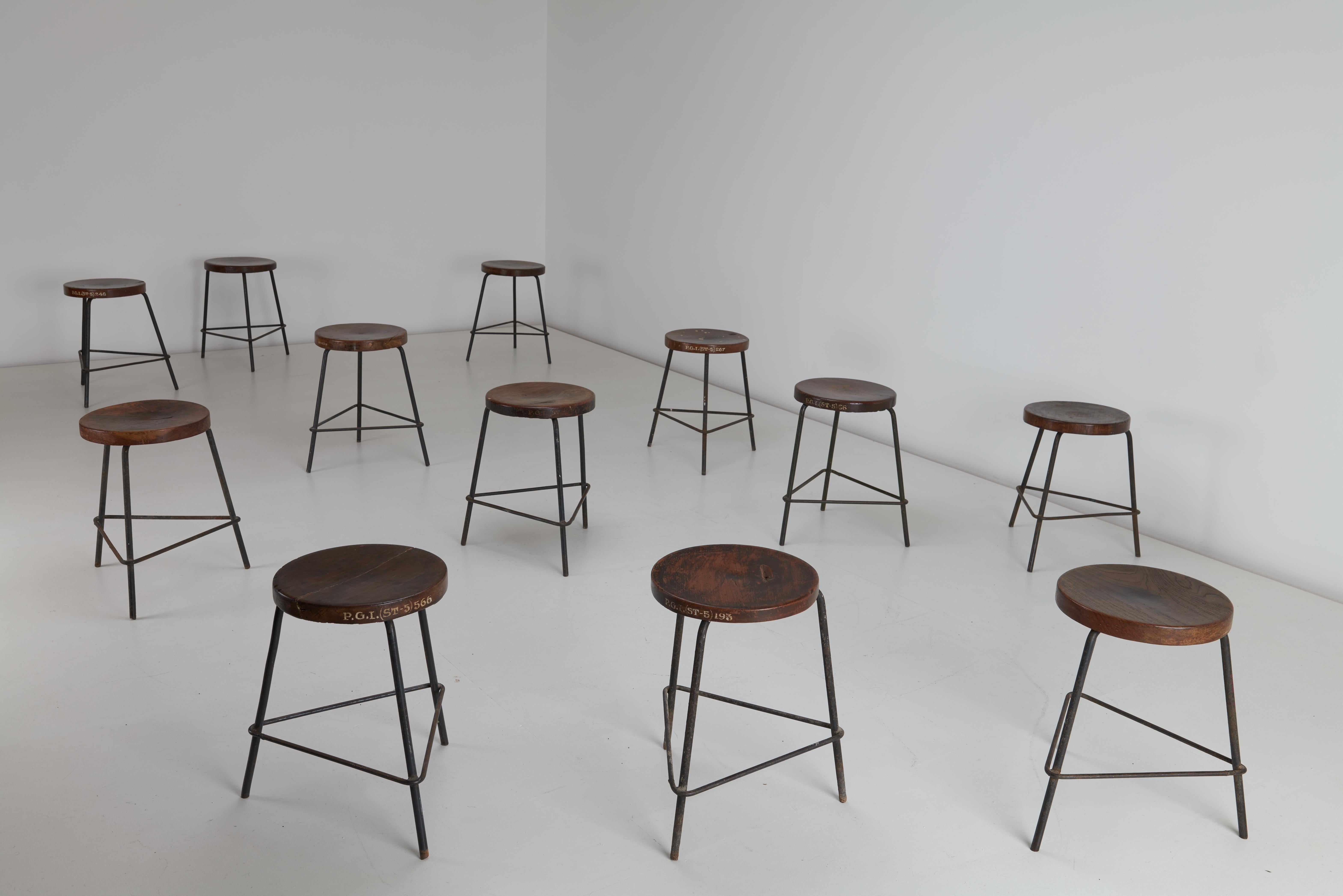 20th Century Pierre Jeanneret Small Stools Teak & Iron, Chandigarh, India - Sets Available For Sale