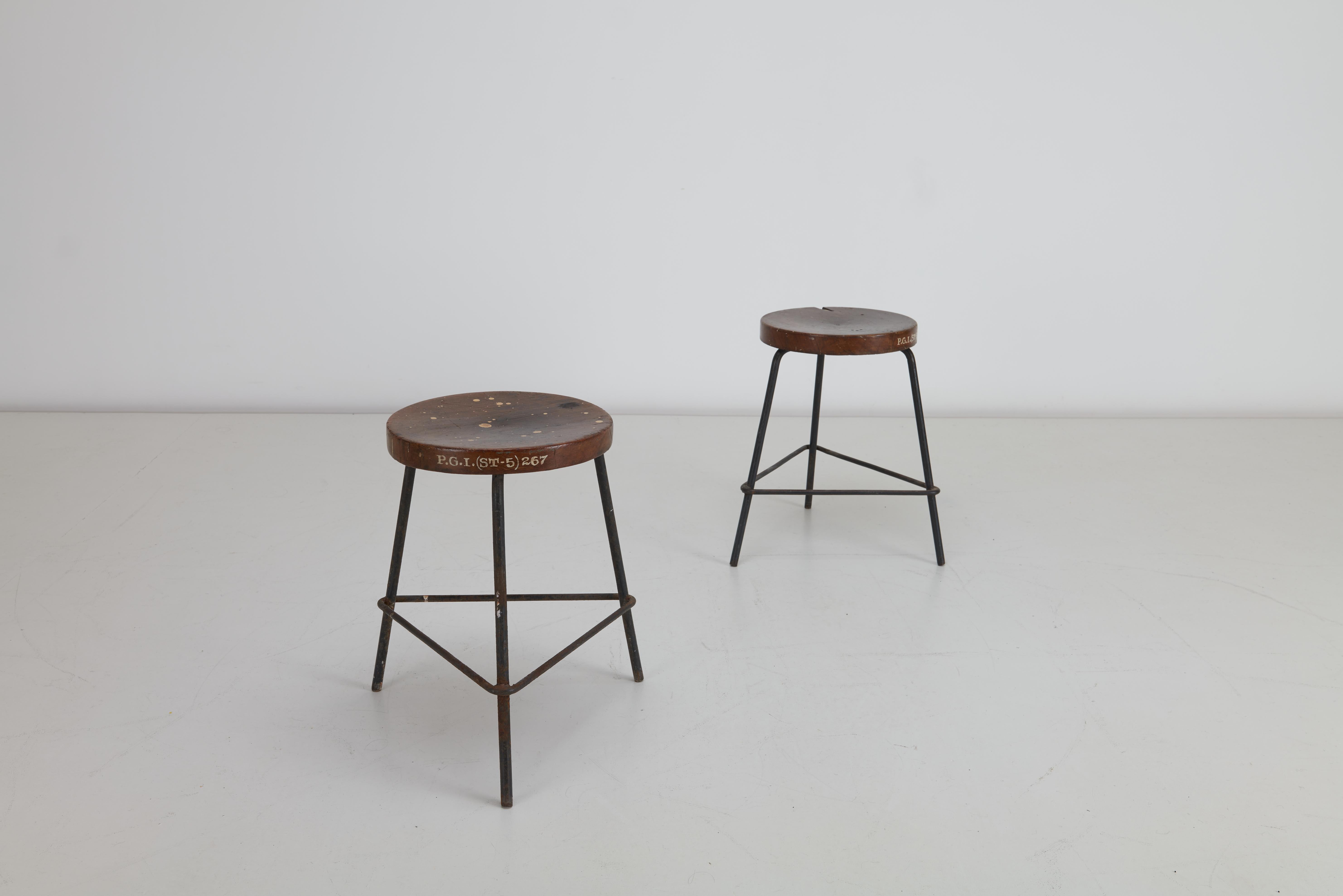 Pierre Jeanneret Small Stools Teak & Iron, Chandigarh, India - Sets Available For Sale 1