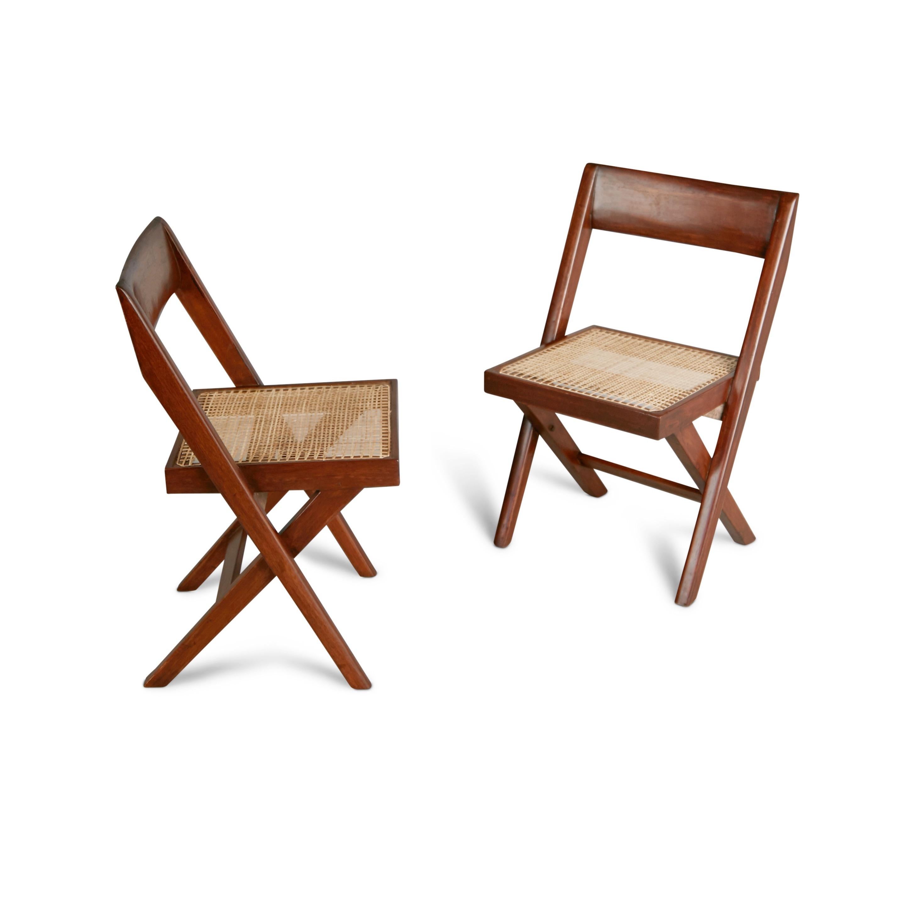 Indian Pierre Jeanneret Solid Teak and Cane Library Chairs, #PJ-SI-51-A, circa 1959