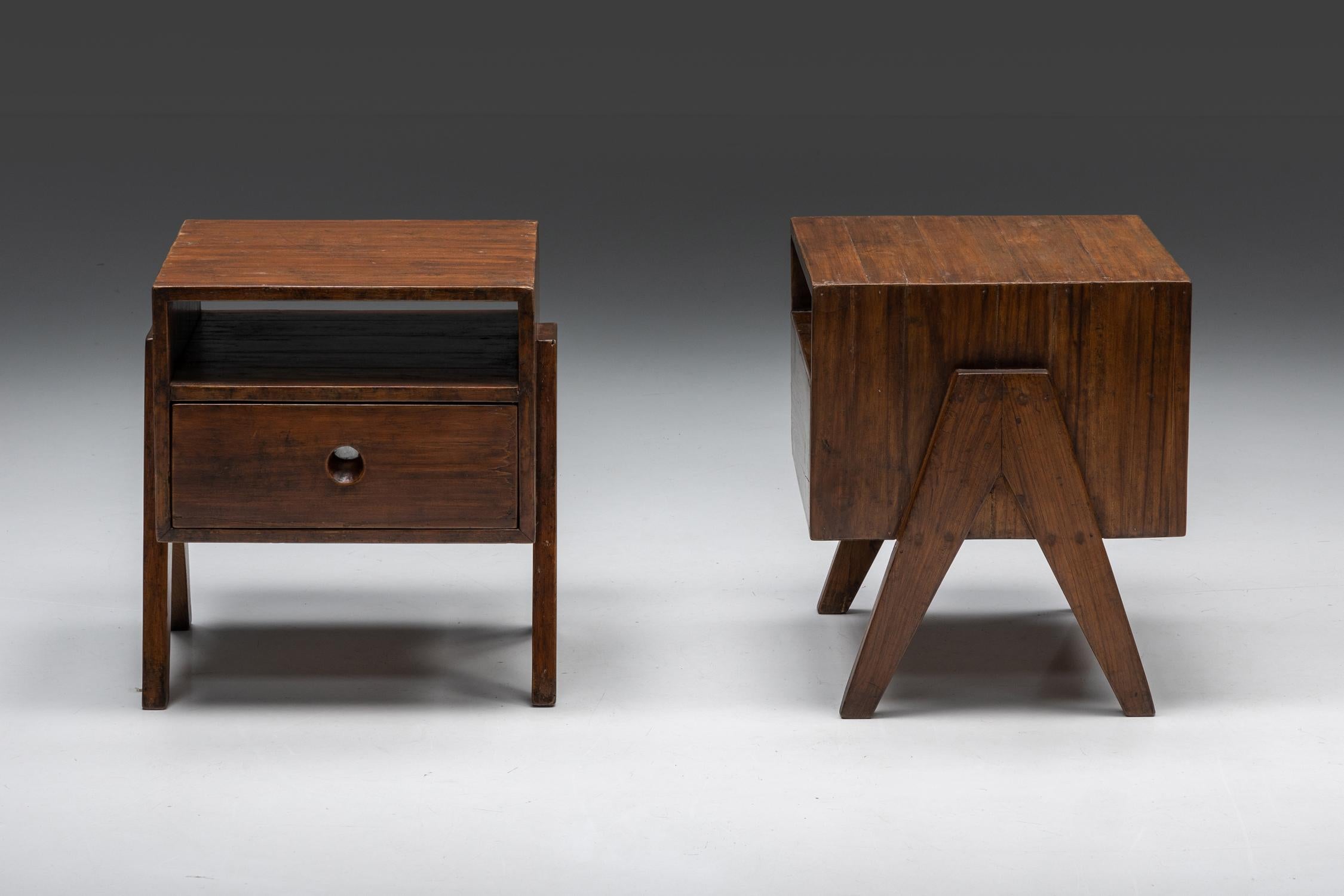 Wood Solid Teak Bedside Tables by Pierre Jeanneret, Chandigarh, 1955