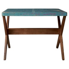 Pierre Jeanneret Student Desk w/ Original Blue Painted Top, Chandigarh, c. 1960